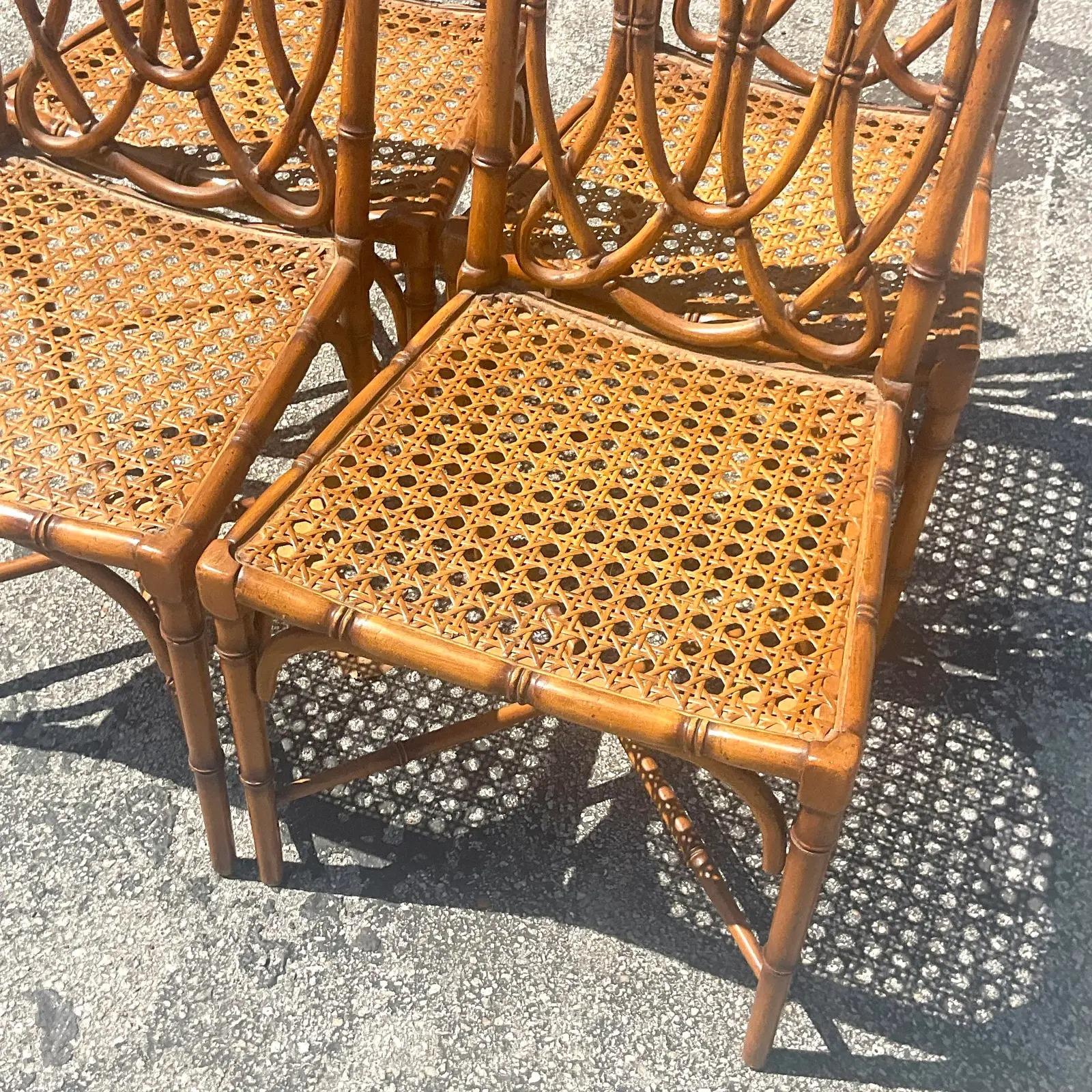 Vintage Coastal Italian Carved Bamboo Dining Chairs, Set of 4 In Good Condition In West Palm Beach, FL