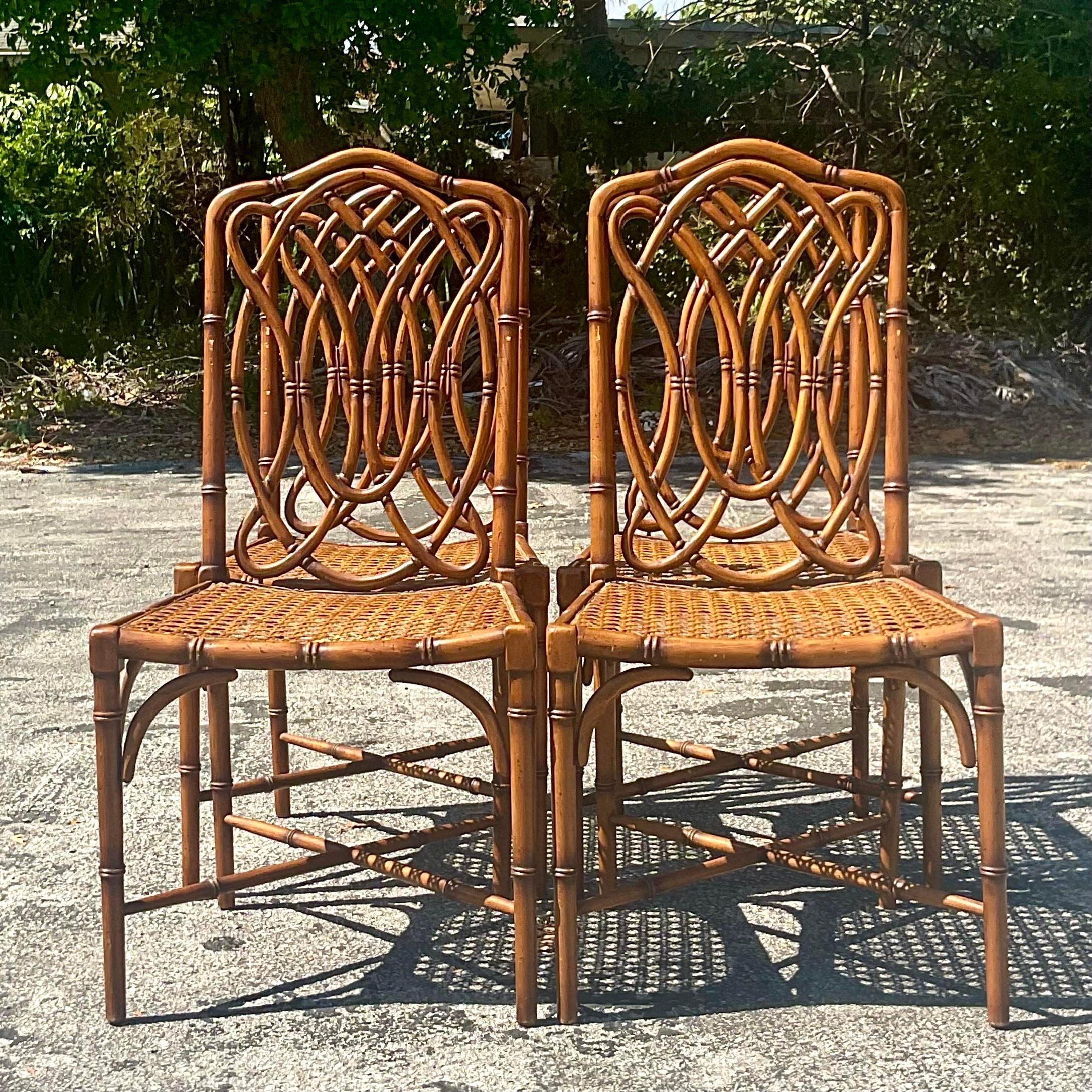 Vintage Coastal Italian Carved Bamboo Dining Chairs, Set of 4 In Good Condition In west palm beach, FL