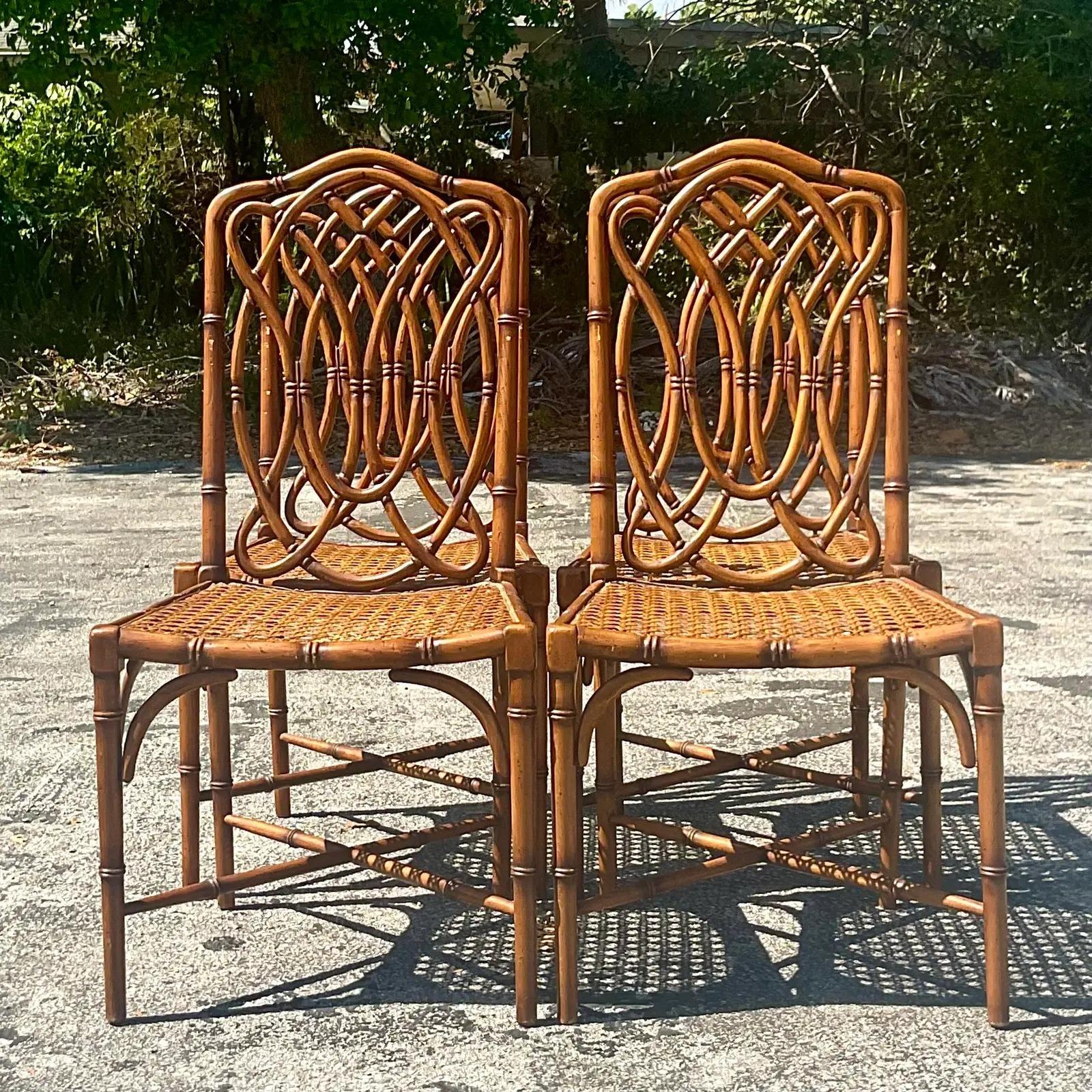 20th Century Vintage Coastal Italian Carved Bamboo Dining Chairs, Set of 4