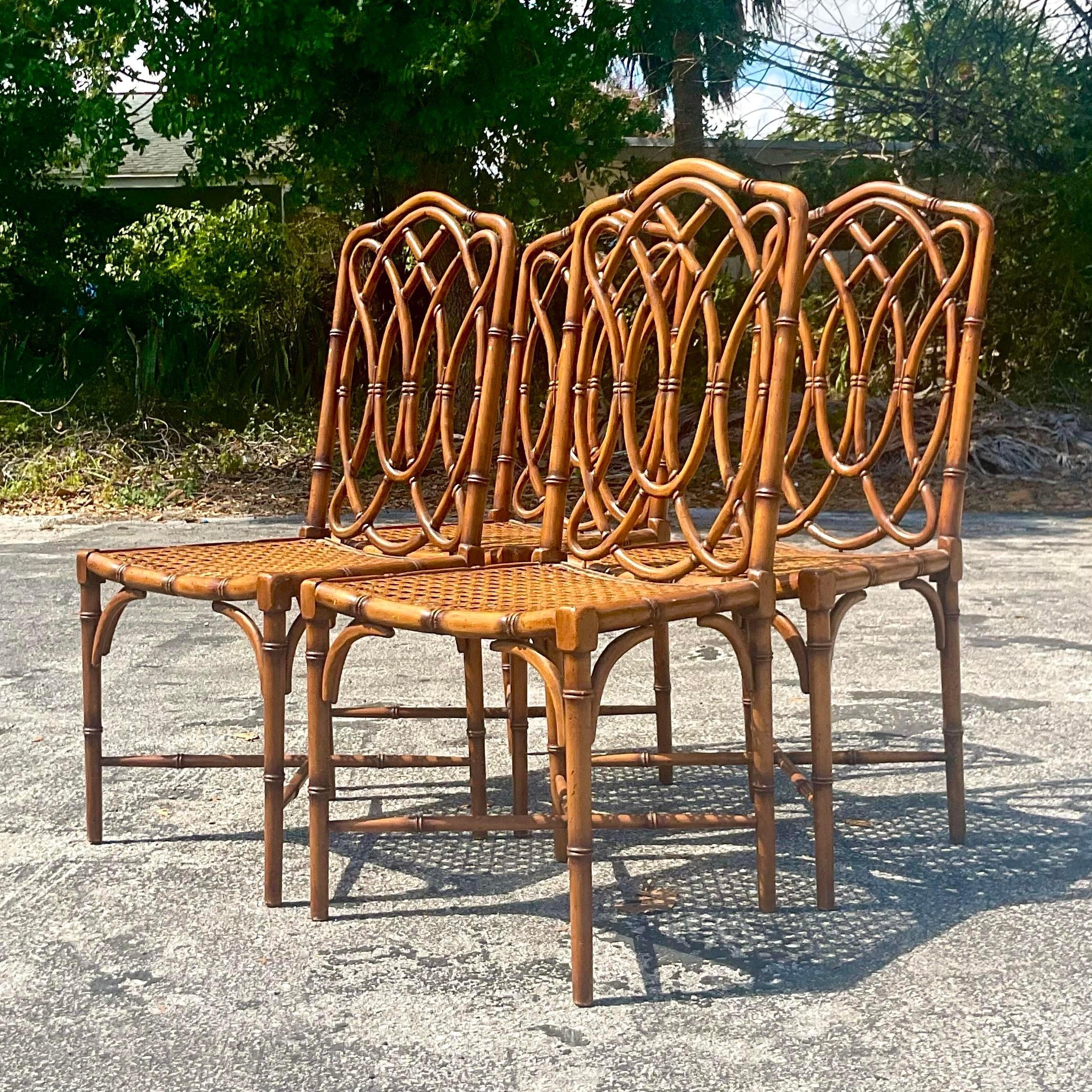 Vintage Coastal Italian Carved Bamboo Dining Chairs, Set of 4 3