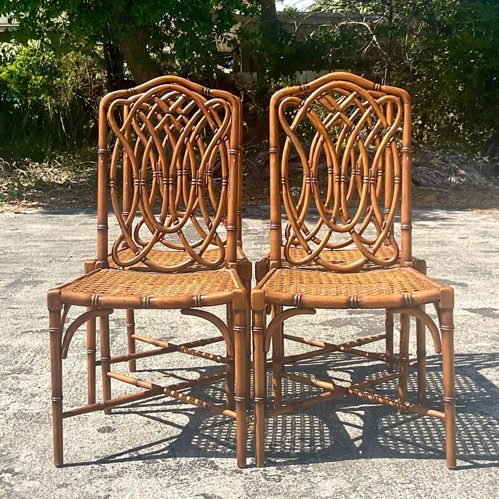 Vintage Coastal Italian Carved Bamboo Dining Chairs, Set of 4 4
