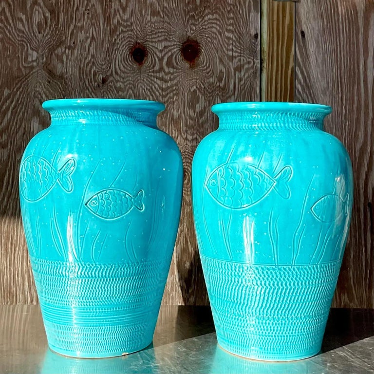 Vintage Coastal Italian Glazed Ceramic Fish Urns, a Pair For Sale at