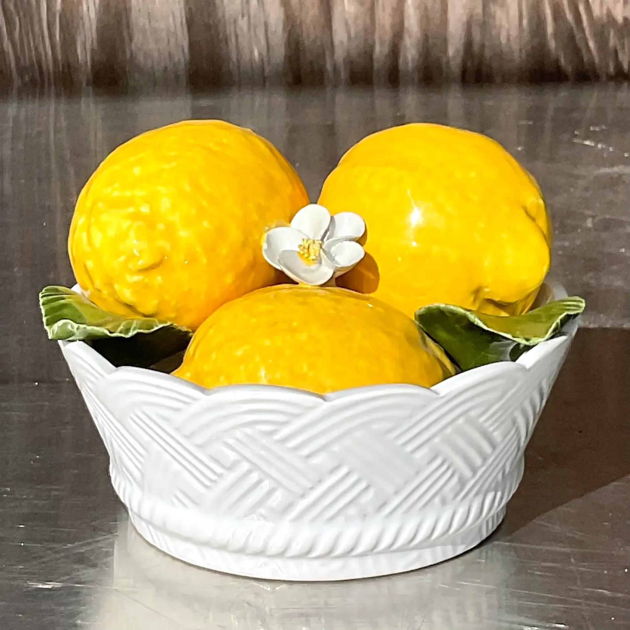 Bohemian Vintage Coastal Italian Glazed Ceramic Lemon Bowl For Sale