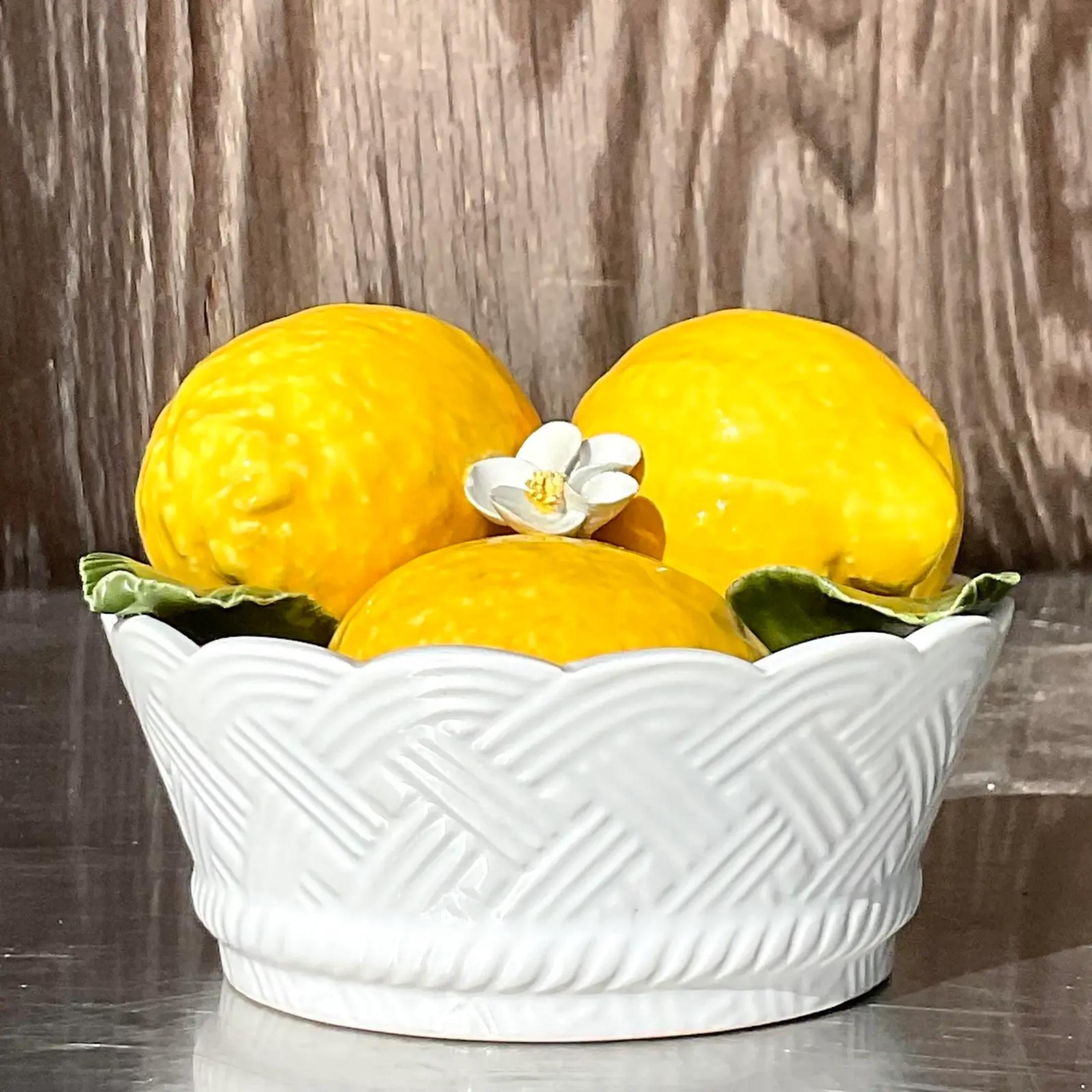 Vintage Coastal Italian Glazed Ceramic Lemon Bowl In Good Condition For Sale In west palm beach, FL