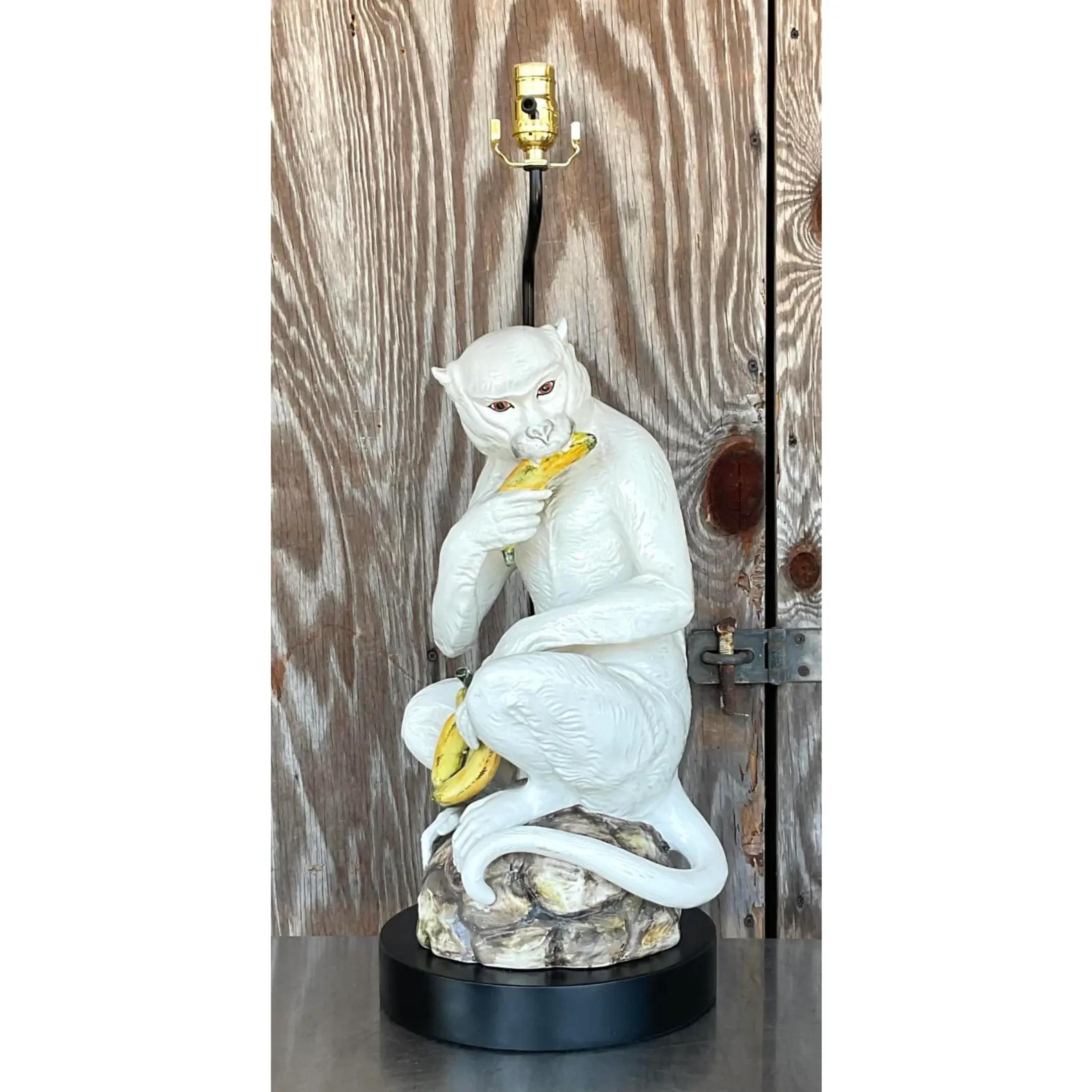 Vintage Coastal Italian Glazed Ceramic Monkey Lamp For Sale - Image 4 of 6Mid 20 In Good Condition In west palm beach, FL
