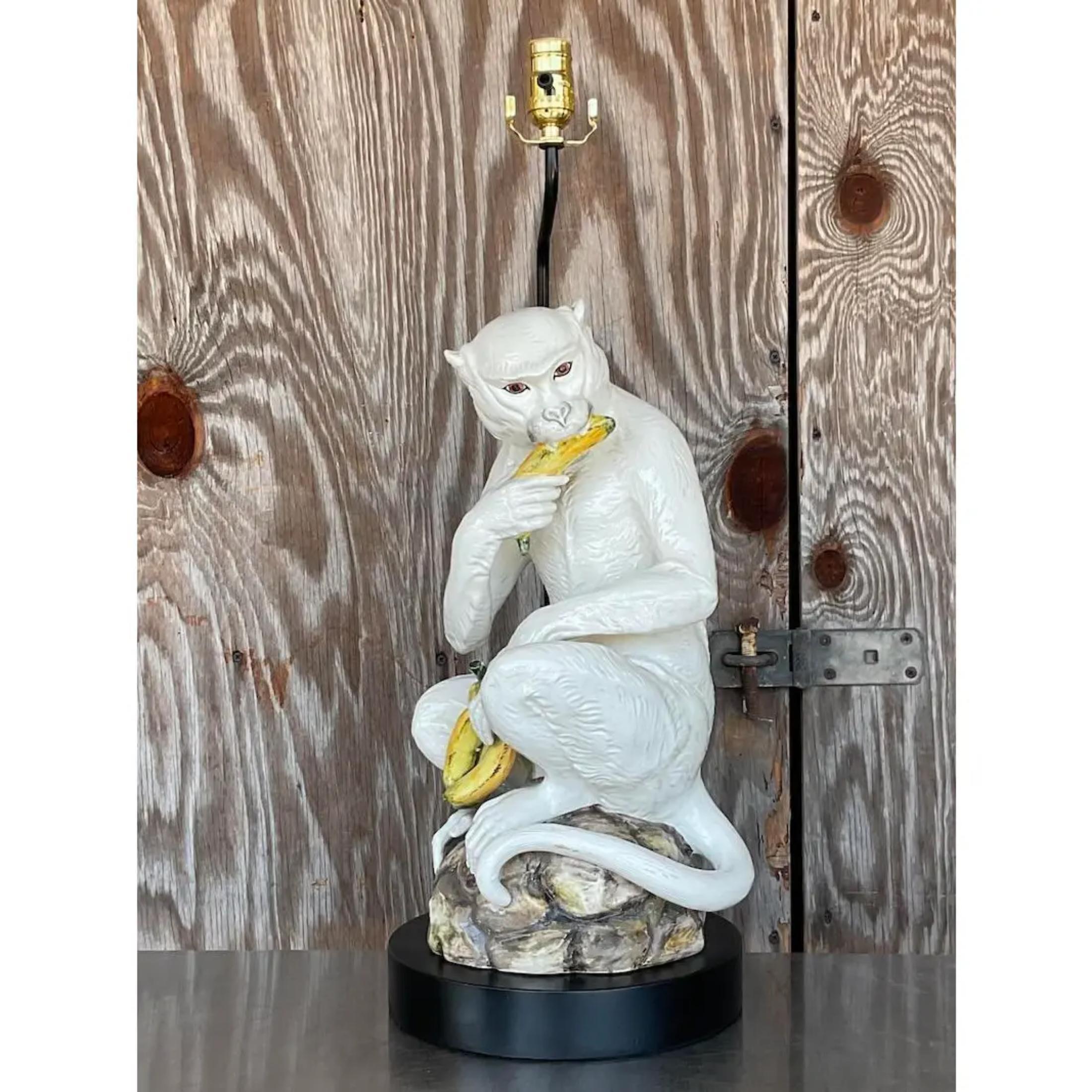 Vintage Coastal Italian Glazed Ceramic Monkey Lamp For Sale - Image 4 of 6Mid 20 1