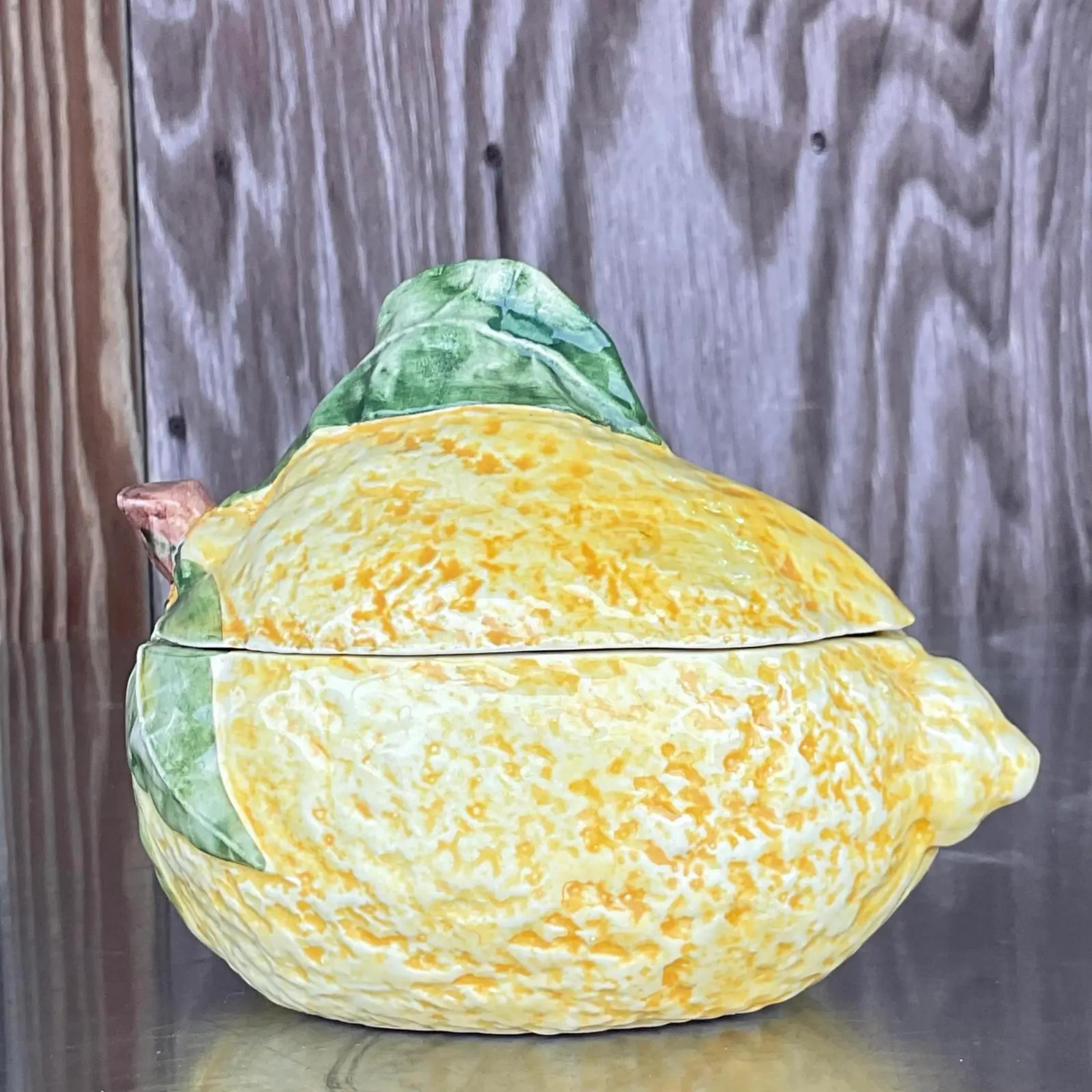 Ceramic Vintage Coastal Italian Lemon Lidded Bowl For Sale