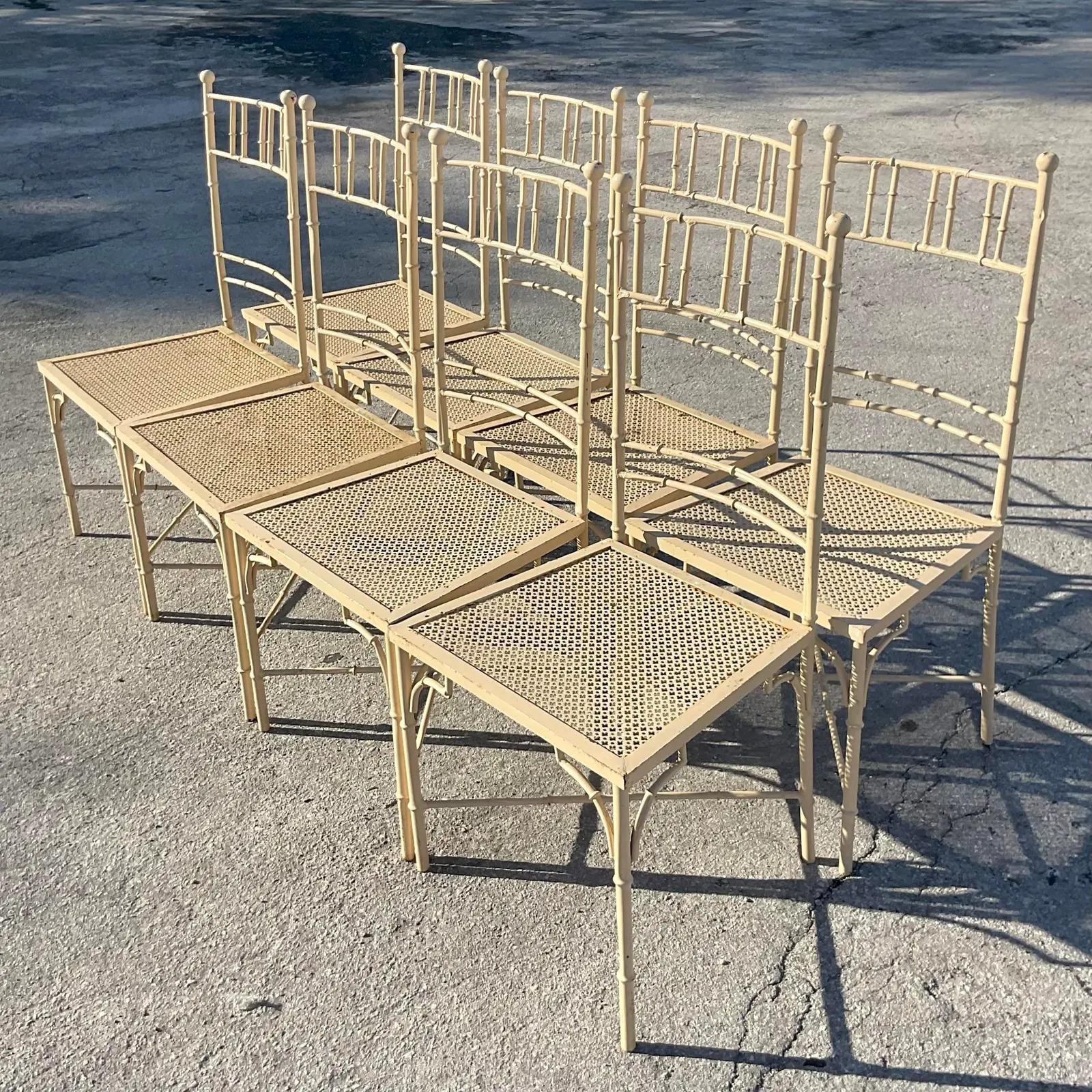 Vintage Coastal Italian Metal Bamboo Dining Chairs - Set of 8 In Fair Condition In west palm beach, FL