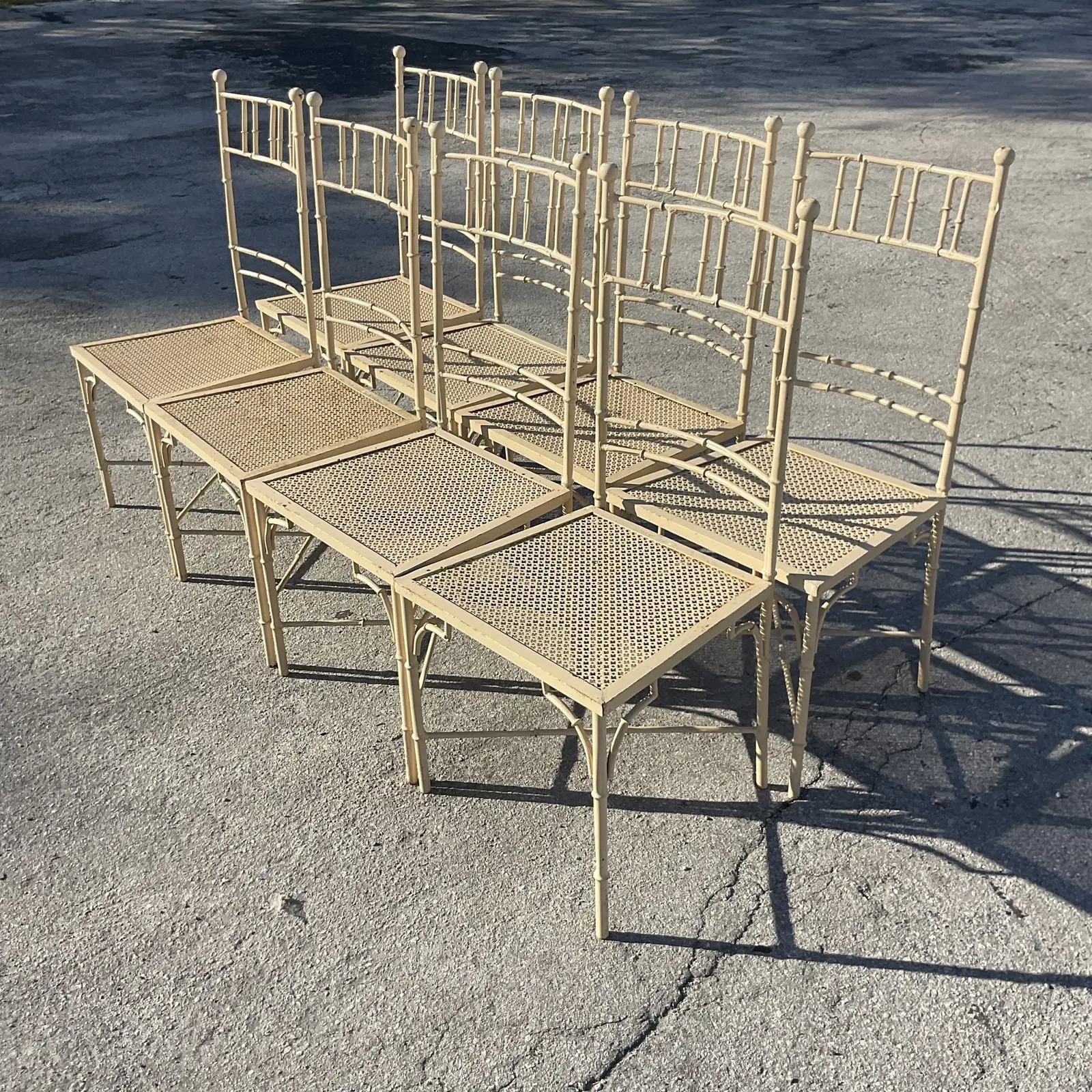 Vintage Coastal Italian Metal Bamboo Dining Chairs - Set of 8 3
