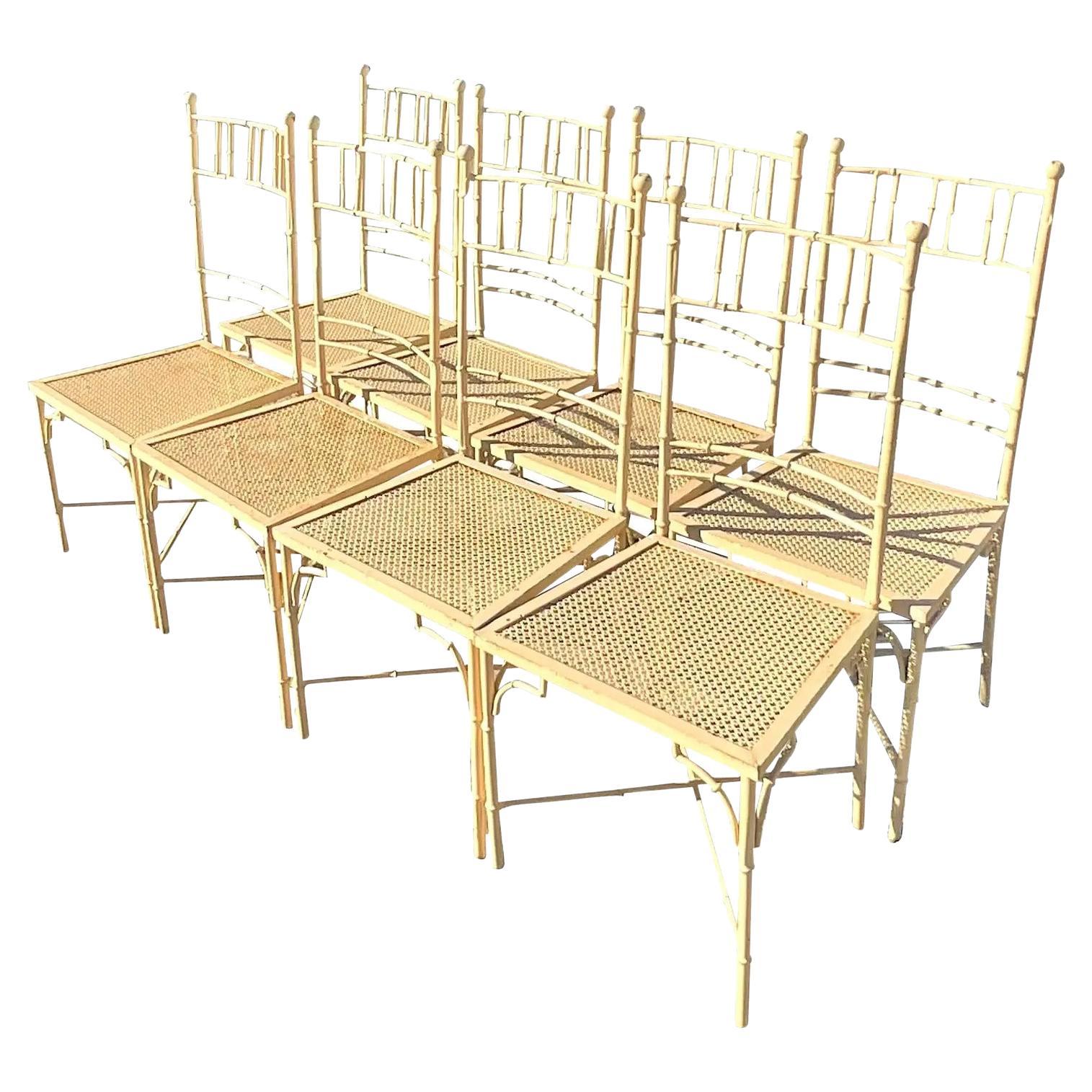 Vintage Coastal Italian Metal Bamboo Dining Chairs - Set of 8