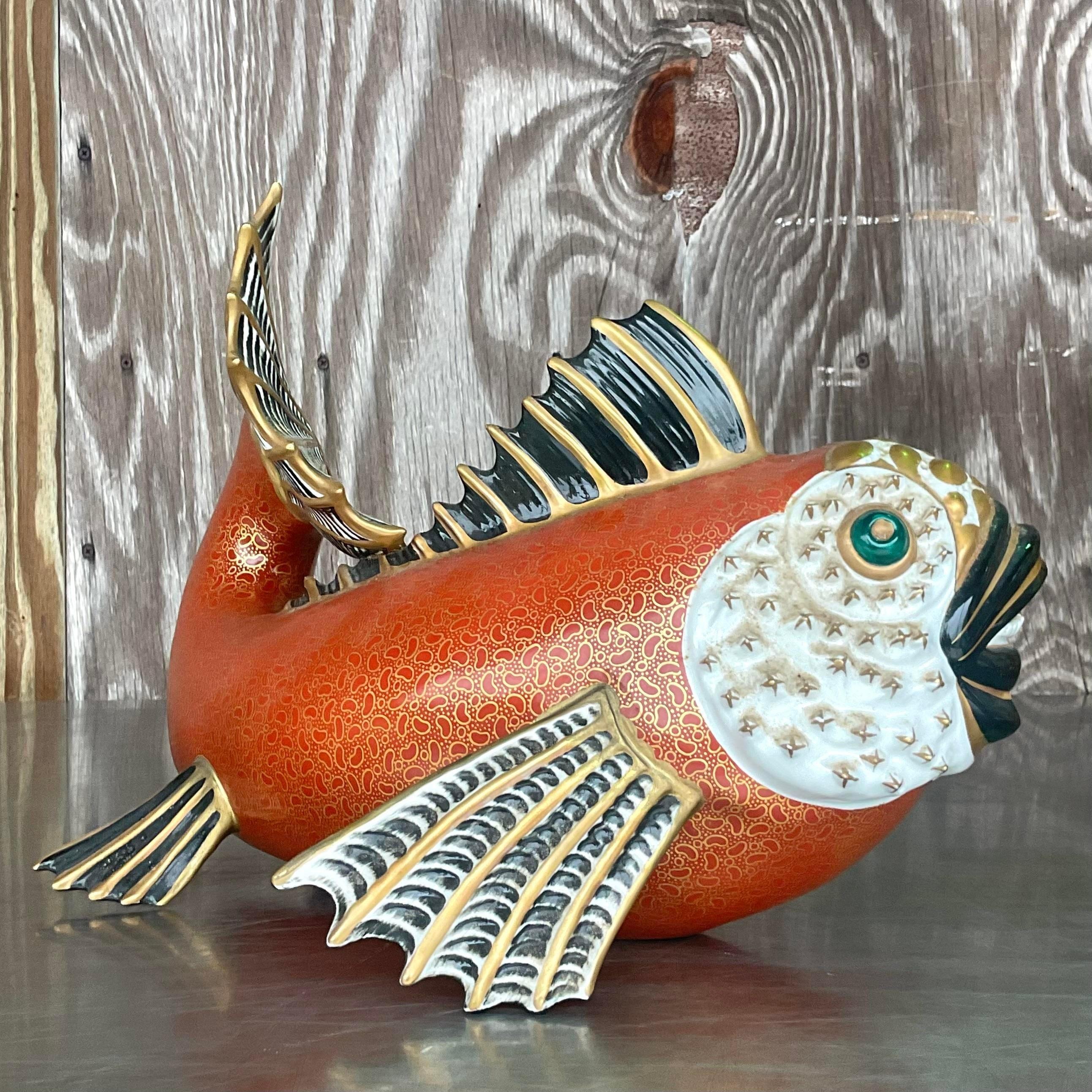 Vintage Coastal Italian Oggetti Glazed Ceramic Koi Fish In Good Condition For Sale In west palm beach, FL