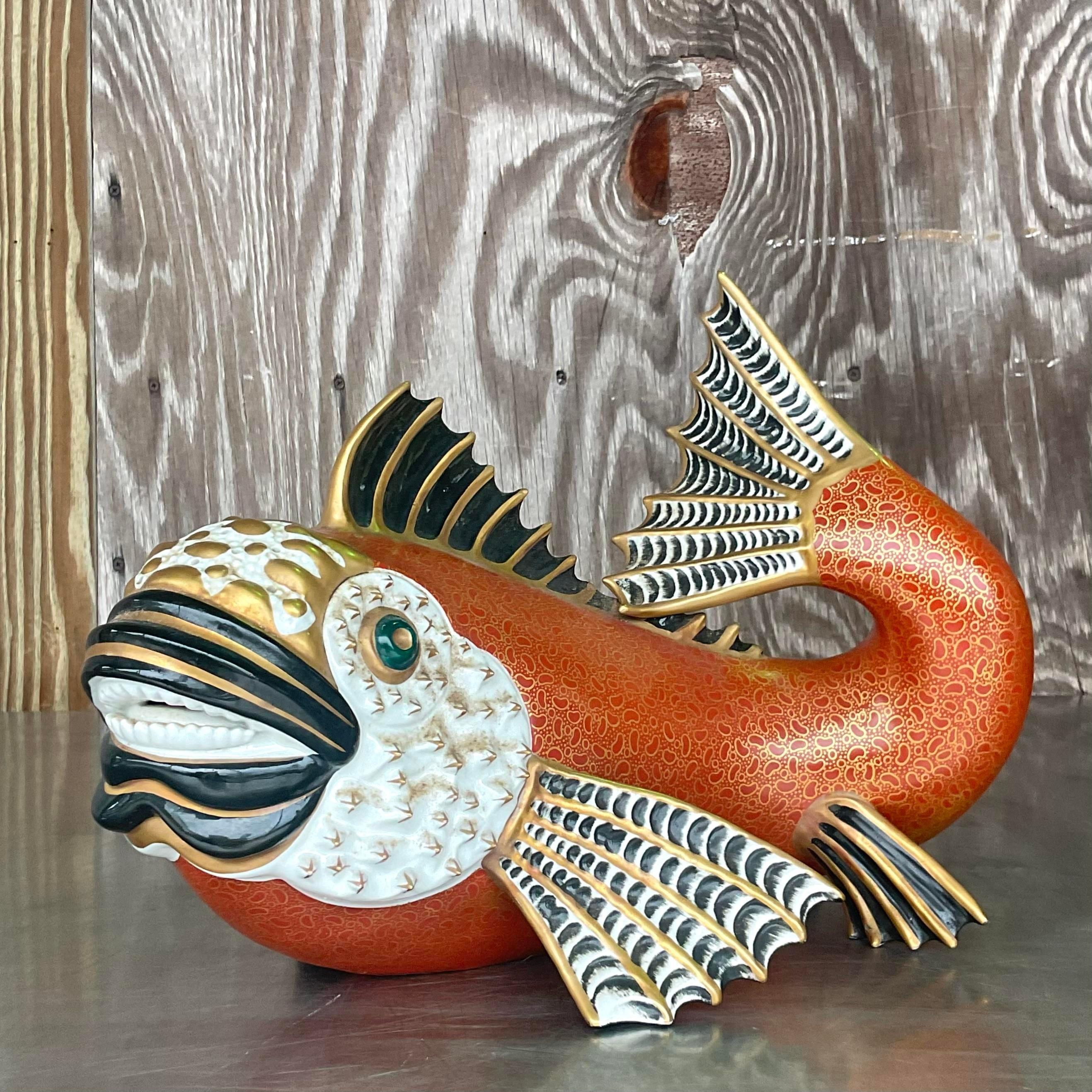 Vintage Coastal Italian Oggetti Glazed Ceramic Koi Fish For Sale 4