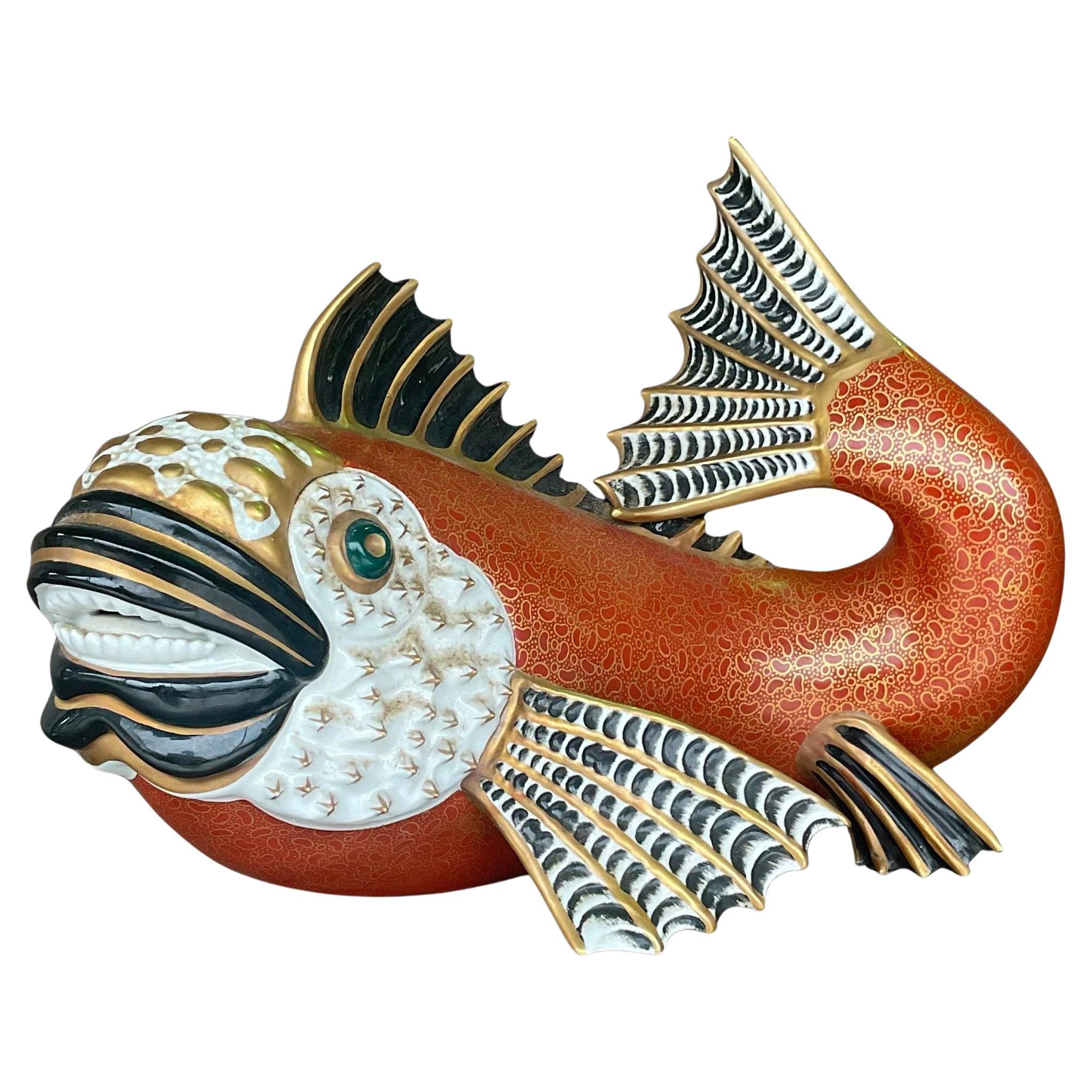 Vieille corbeille italienne Oggetti émaillée céramique Koi Fish