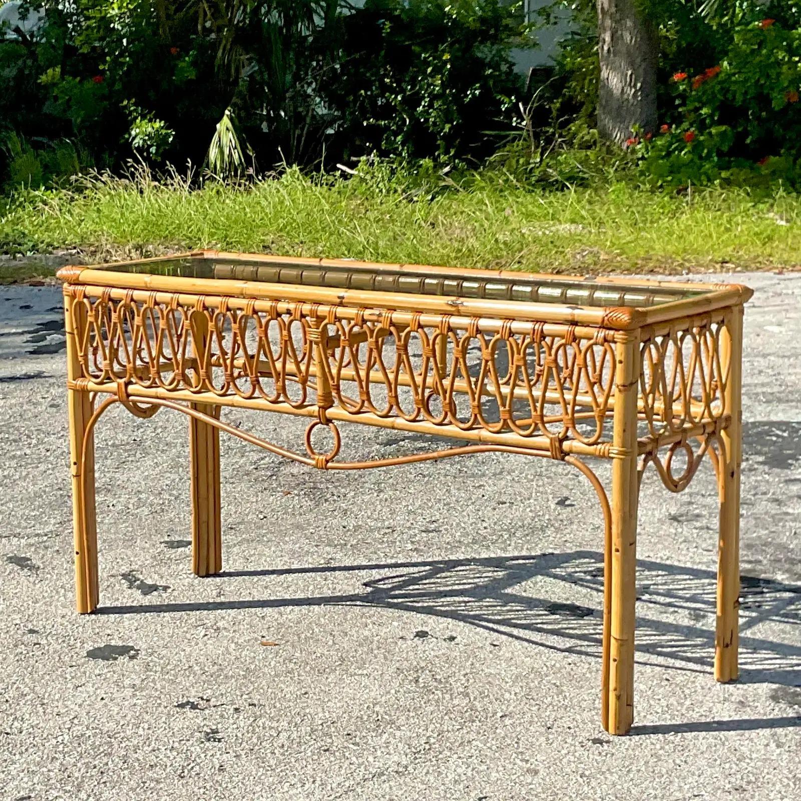 Vintage Coastal Italian Rattan Console Table In Good Condition In west palm beach, FL