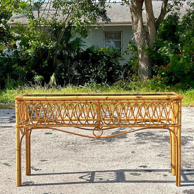 Vintage Coastal Italian Rattan Console Table For Sale at 1stDibs