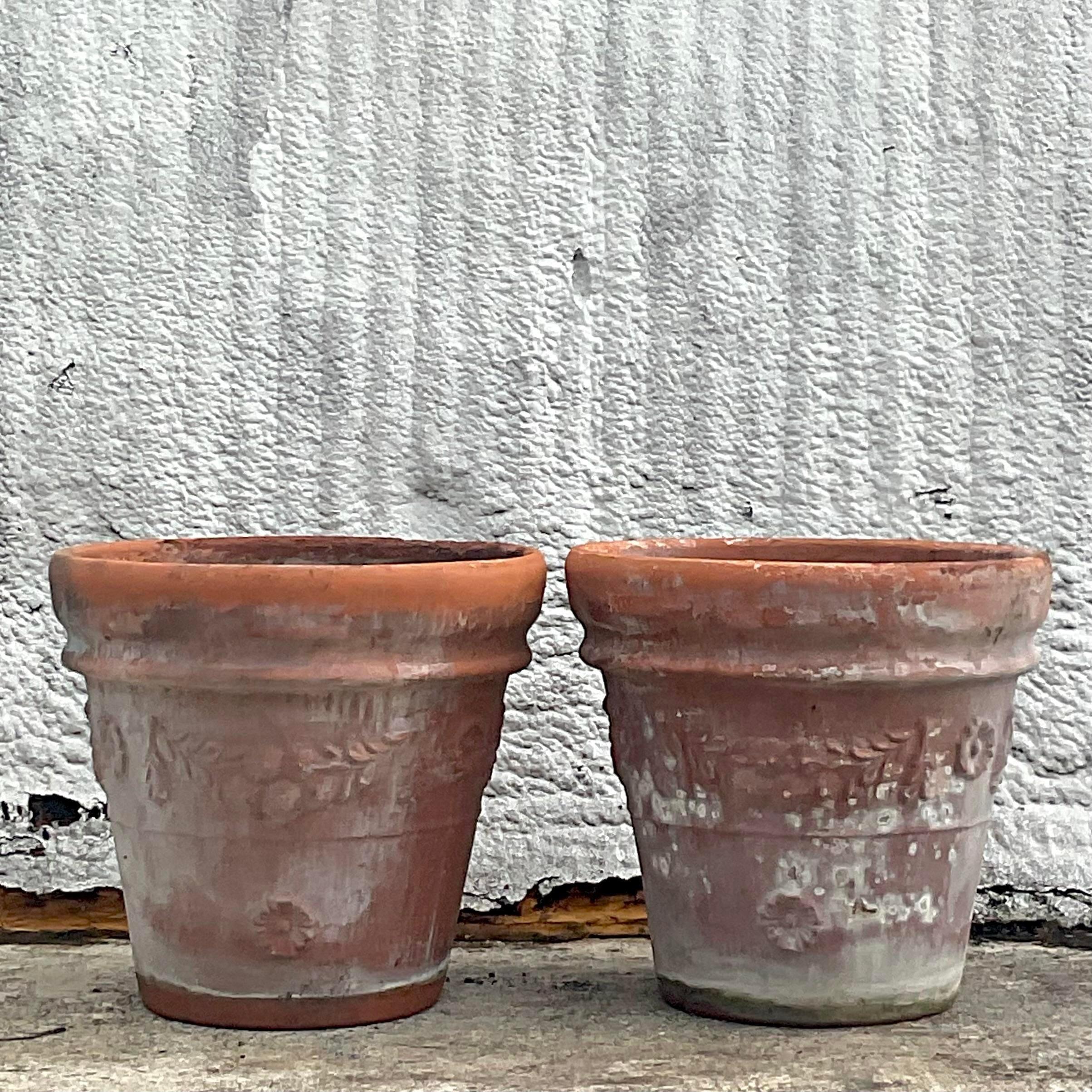 Vintage Coastal Italian Ribbed Terra Cotta Planters - a Pair In Good Condition In west palm beach, FL