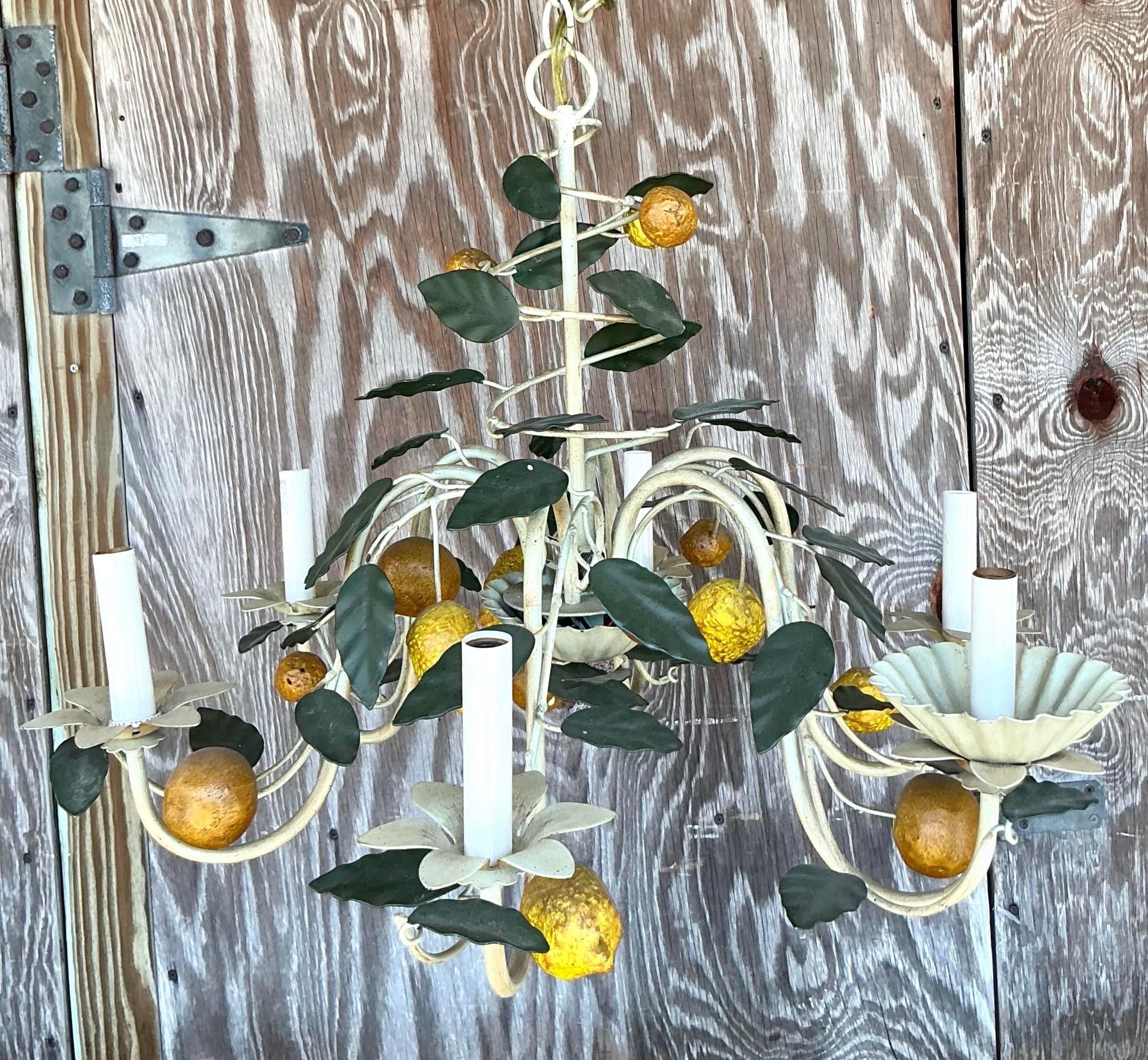 Vintage Coastal Italian Tole Lemon Chandelier In Good Condition In West Palm Beach, FL