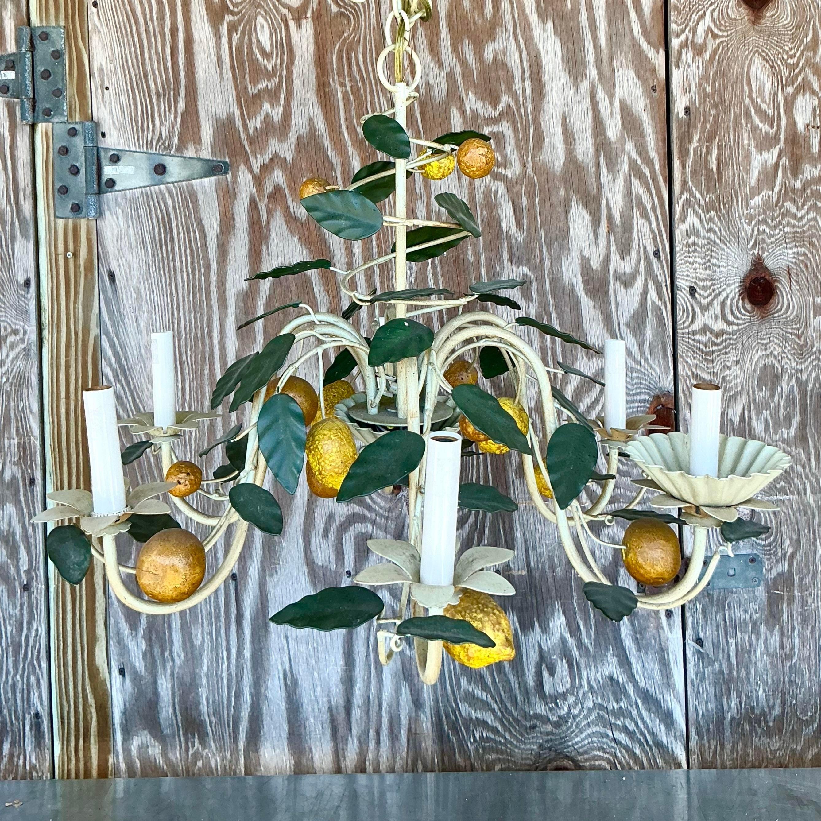 Metal Vintage Coastal Italian Tole Lemon Chandelier