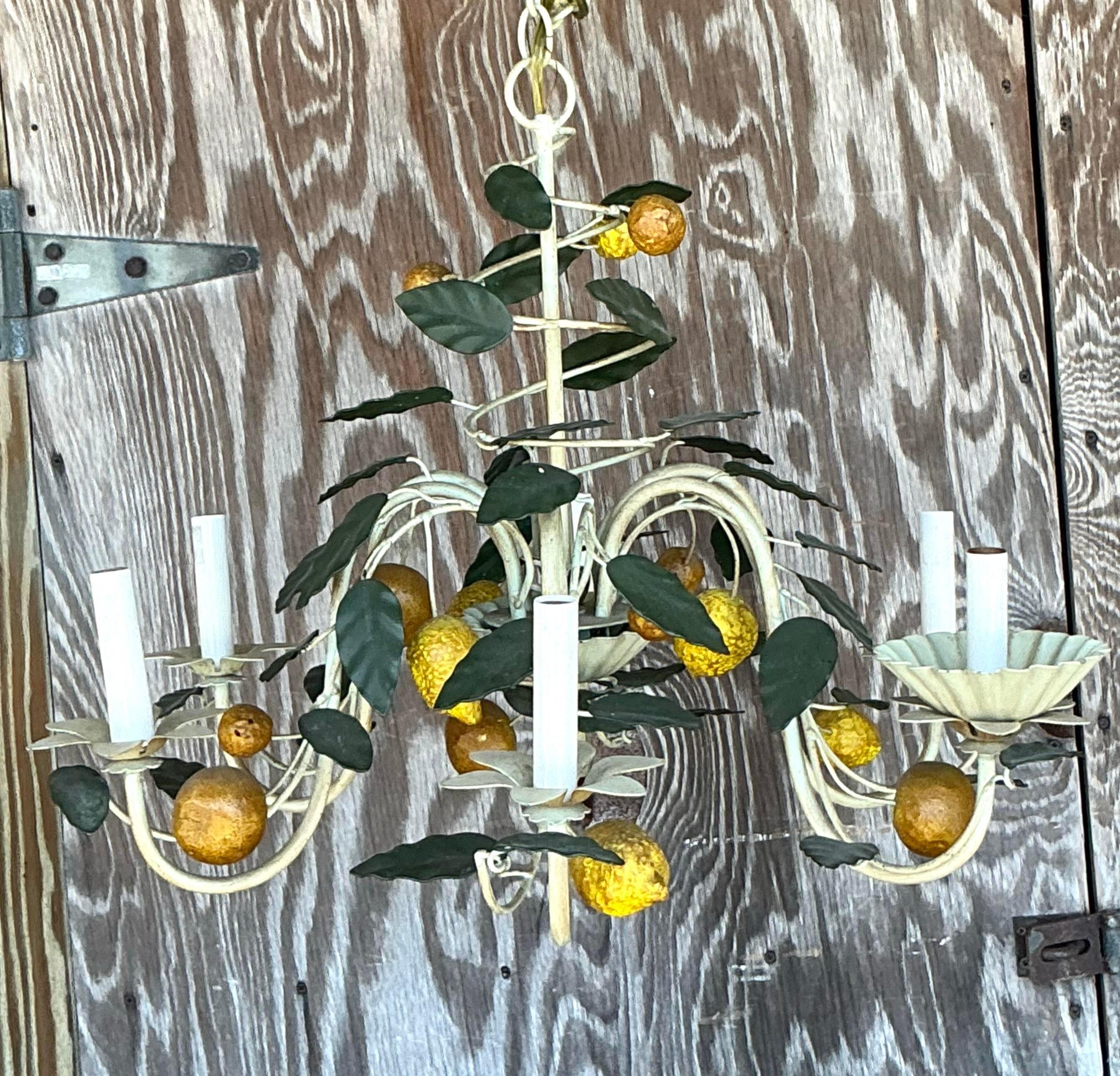 Vintage Coastal Italian Tole Lemon Chandelier 1