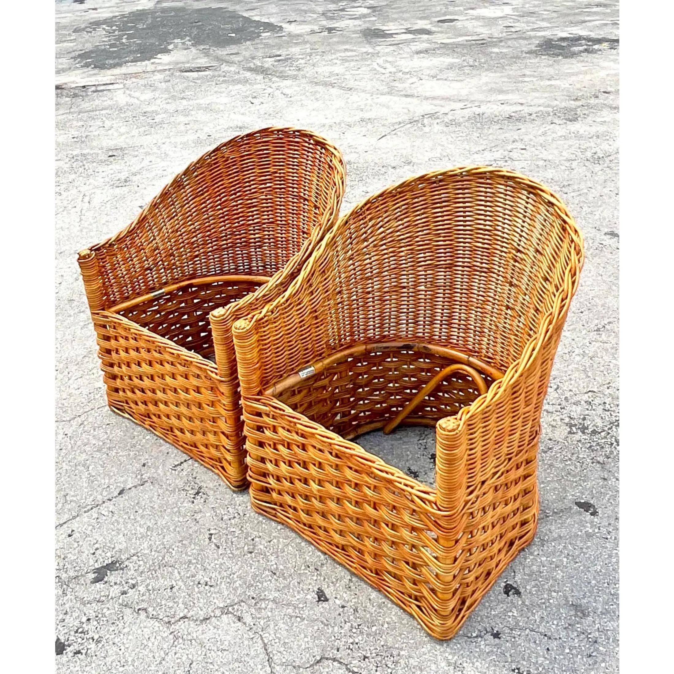 Bohemian Vintage Coastal Italian Wicker Works Tub Chairs - a Pair For Sale