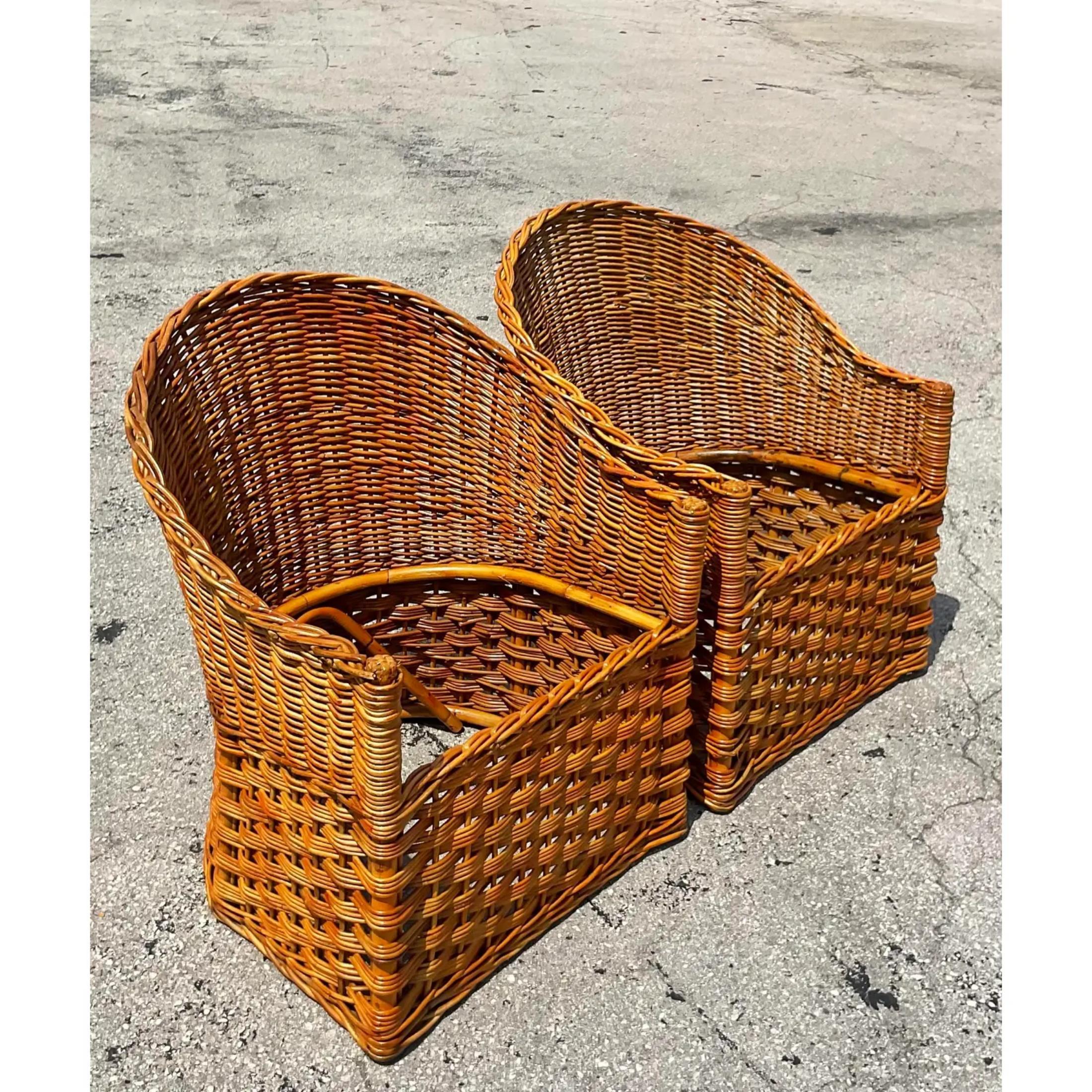 Vintage Coastal Italian Wicker Works Tub Chairs - a Pair In Good Condition For Sale In west palm beach, FL