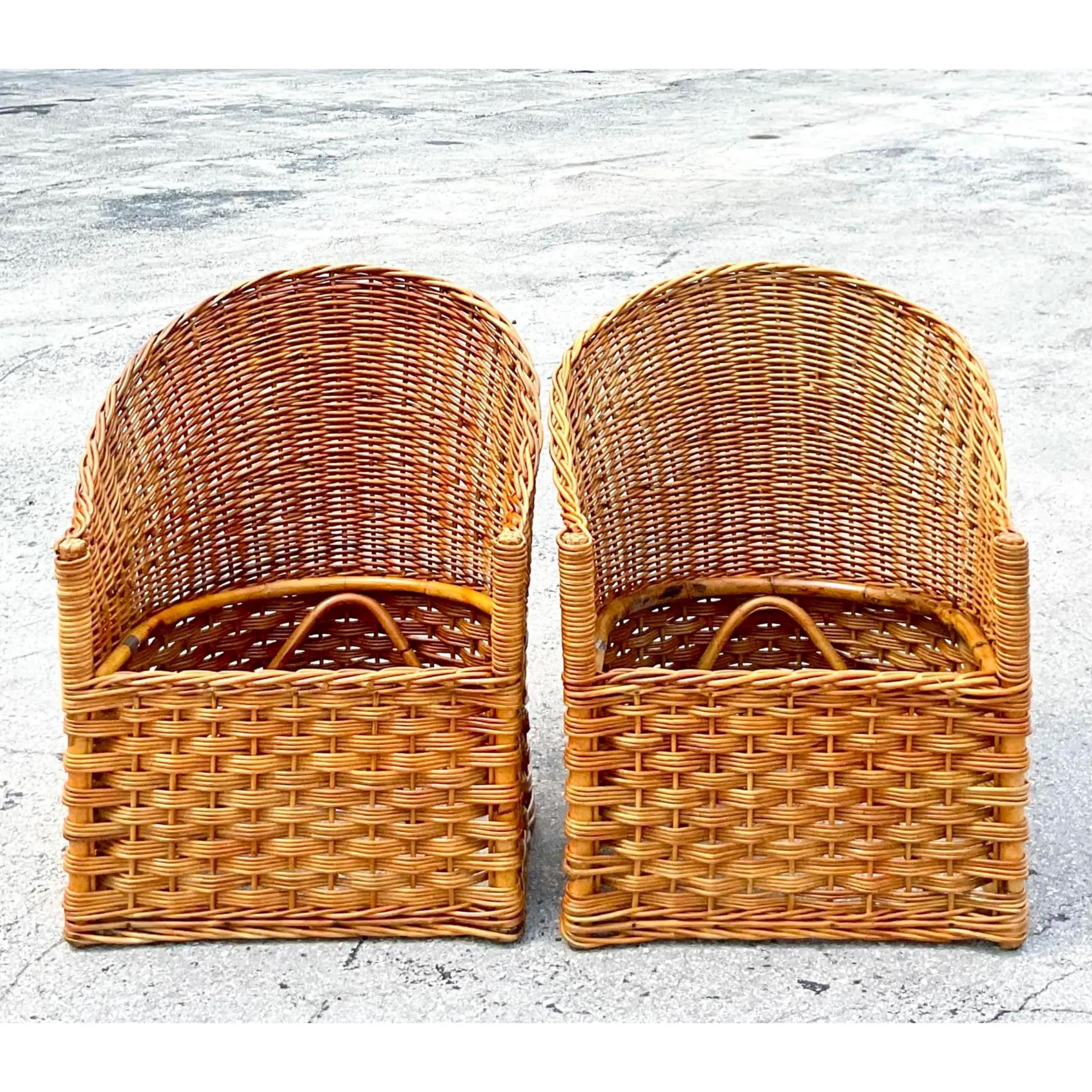 Late 20th Century Vintage Coastal Italian Wicker Works Tub Chairs - a Pair For Sale