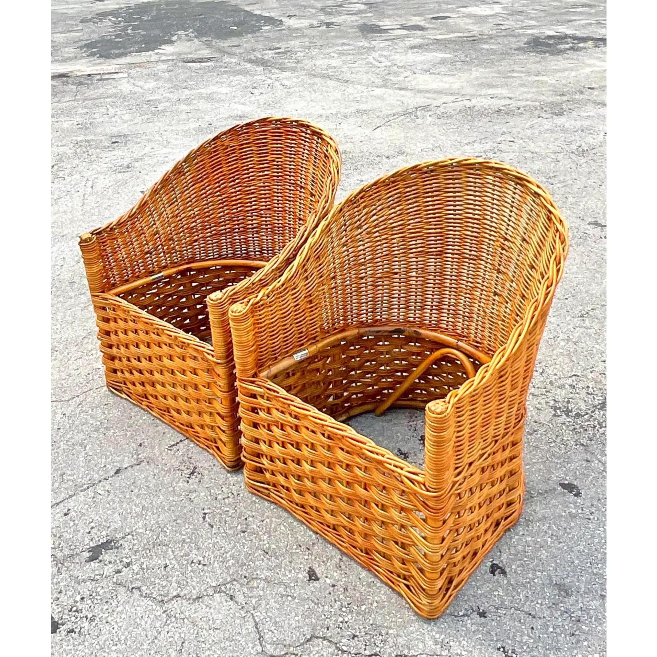Vintage Coastal Italian Wicker Works Tub Chairs - a Pair For Sale 1