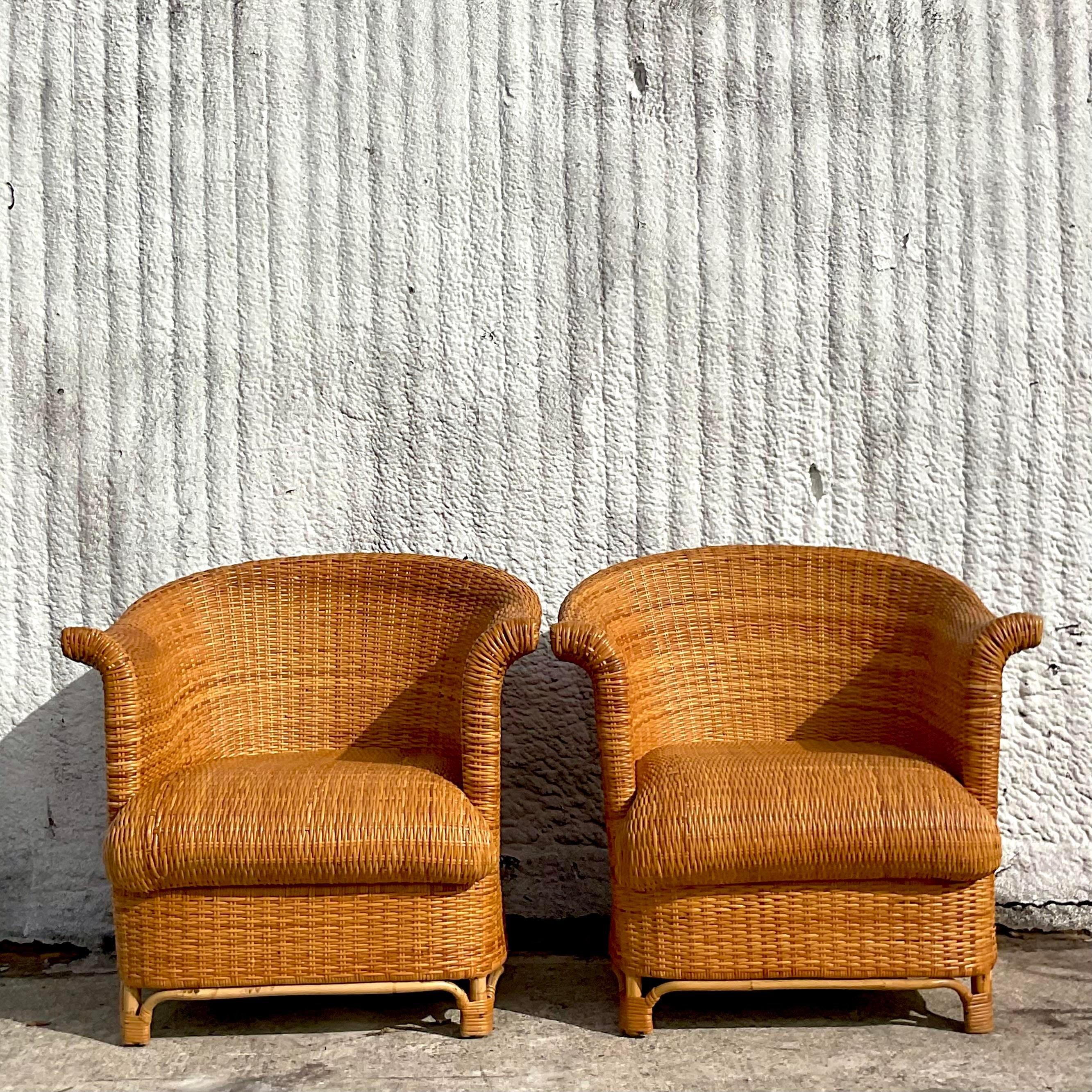 Vintage Coastal Italian Woven Rattan Club Chairs - Set of 2 For Sale 6