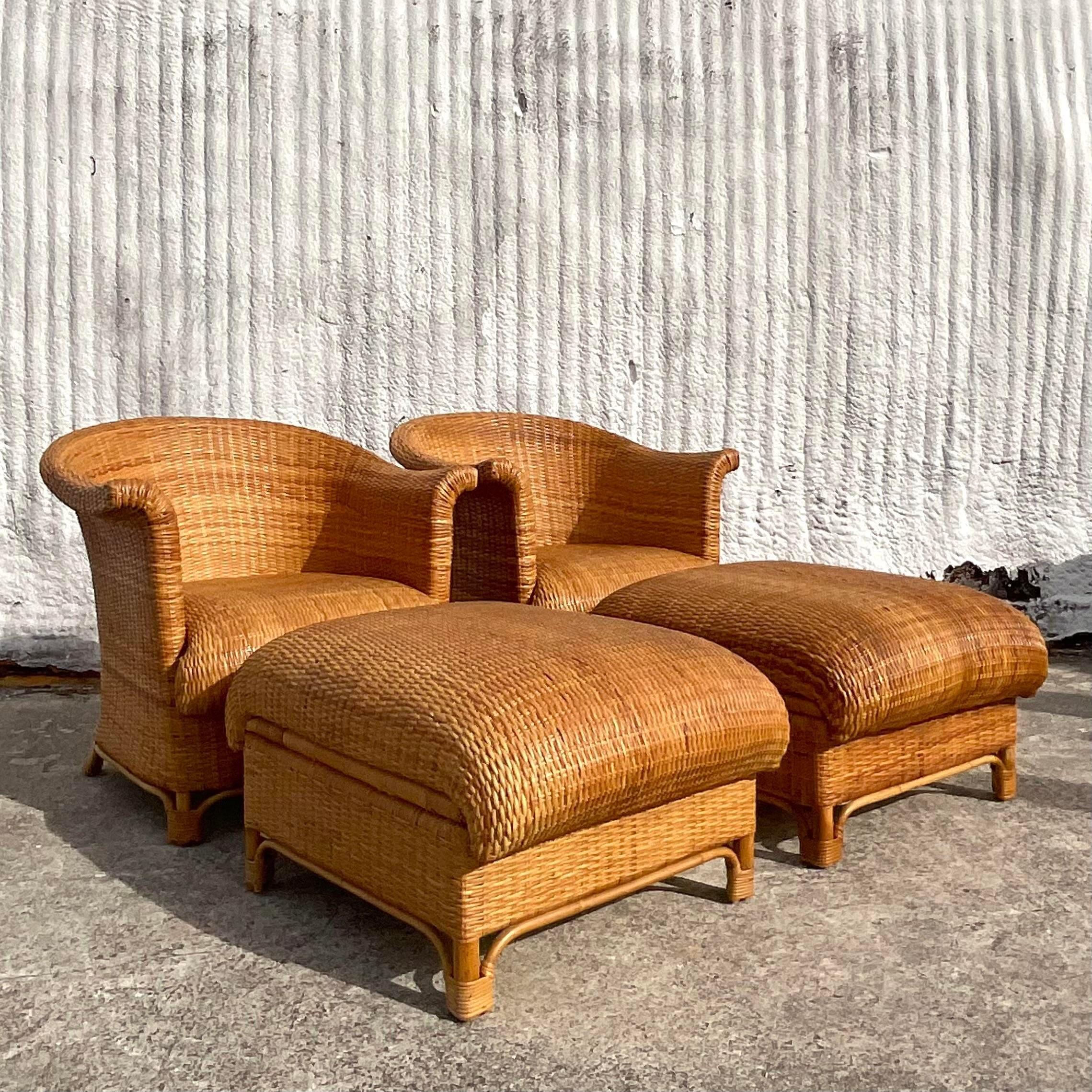 Vintage Coastal Italian Woven Rattan Club Chairs - Set of 2 In Good Condition For Sale In west palm beach, FL