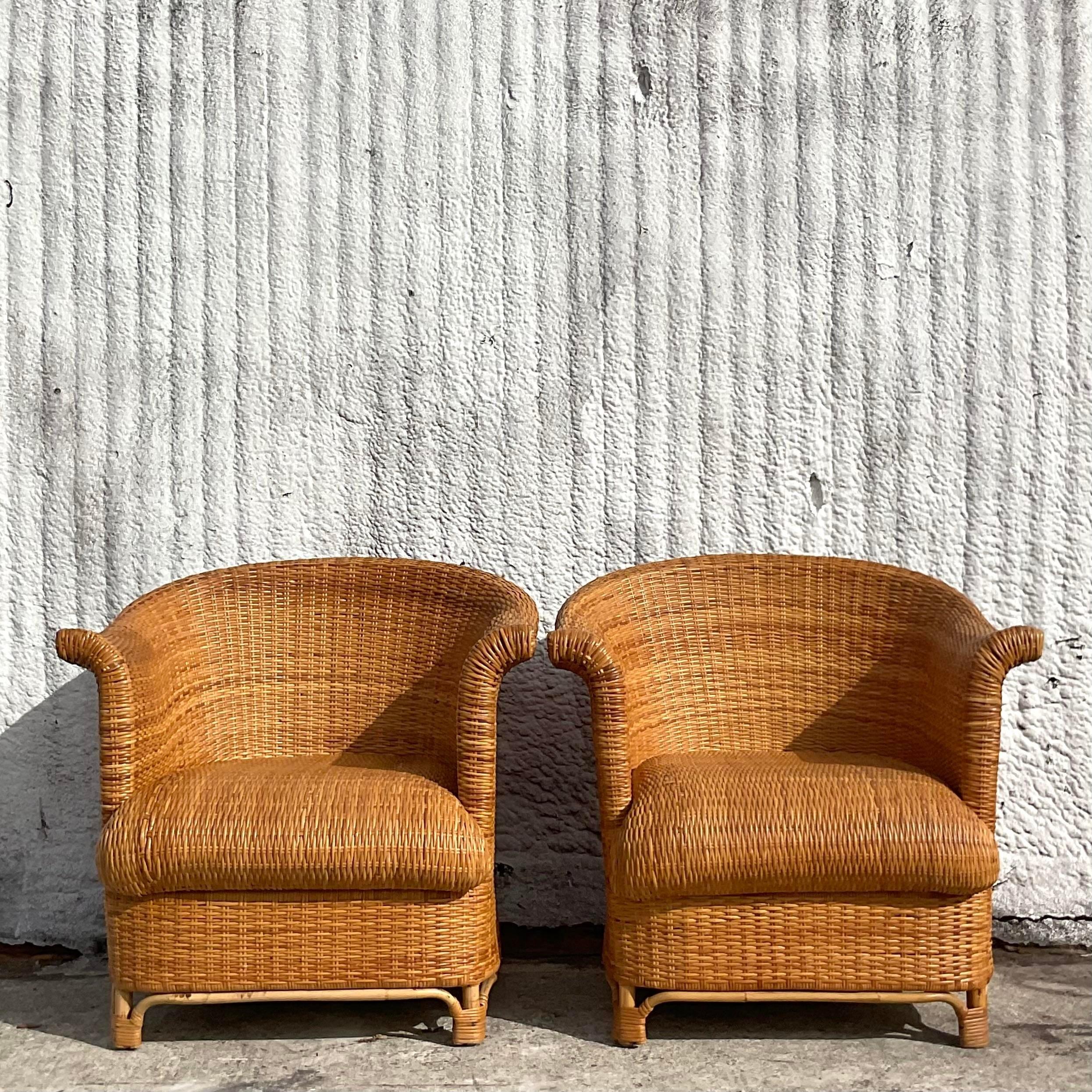 20th Century Vintage Coastal Italian Woven Rattan Club Chairs - Set of 2 For Sale