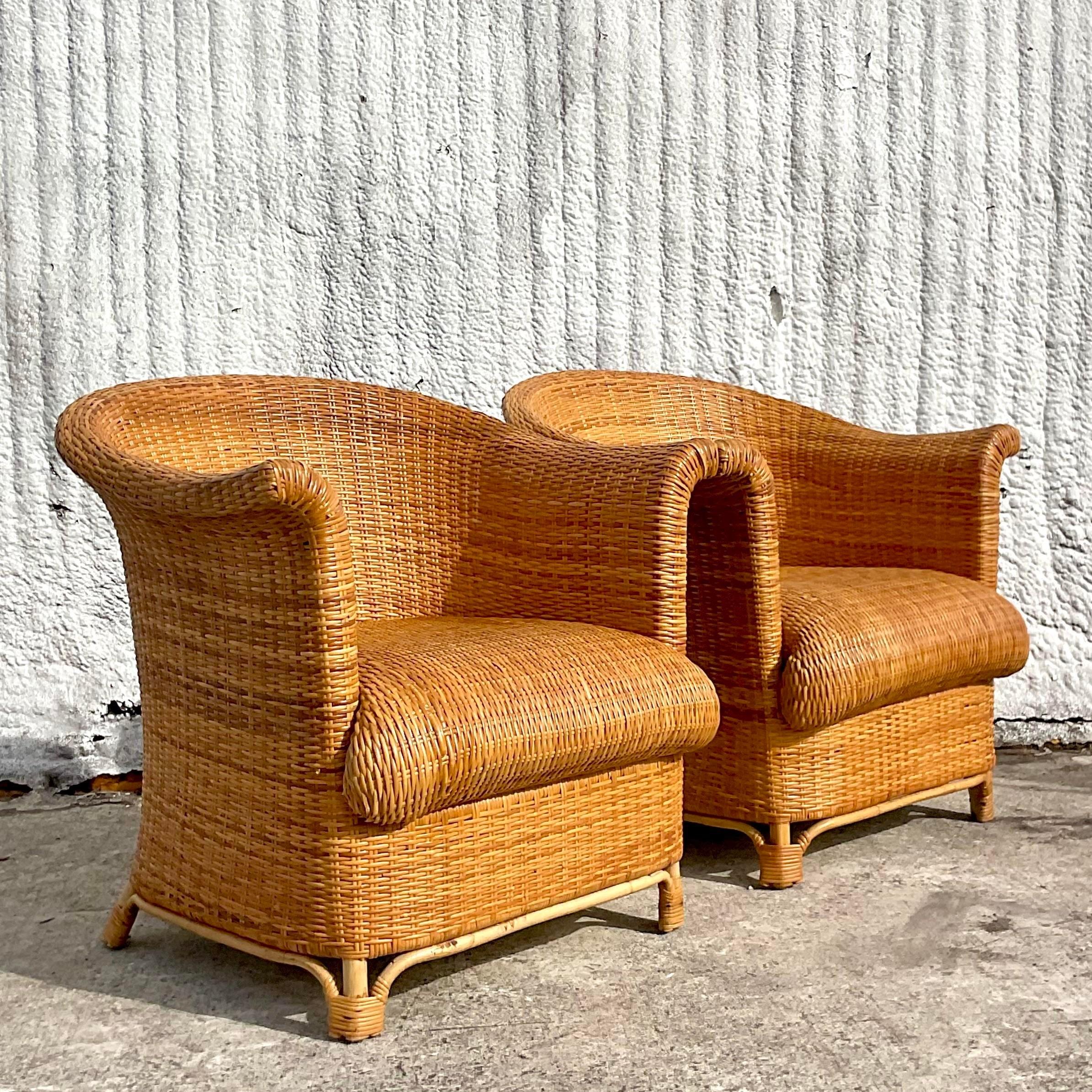 Upholstery Vintage Coastal Italian Woven Rattan Club Chairs - Set of 2 For Sale