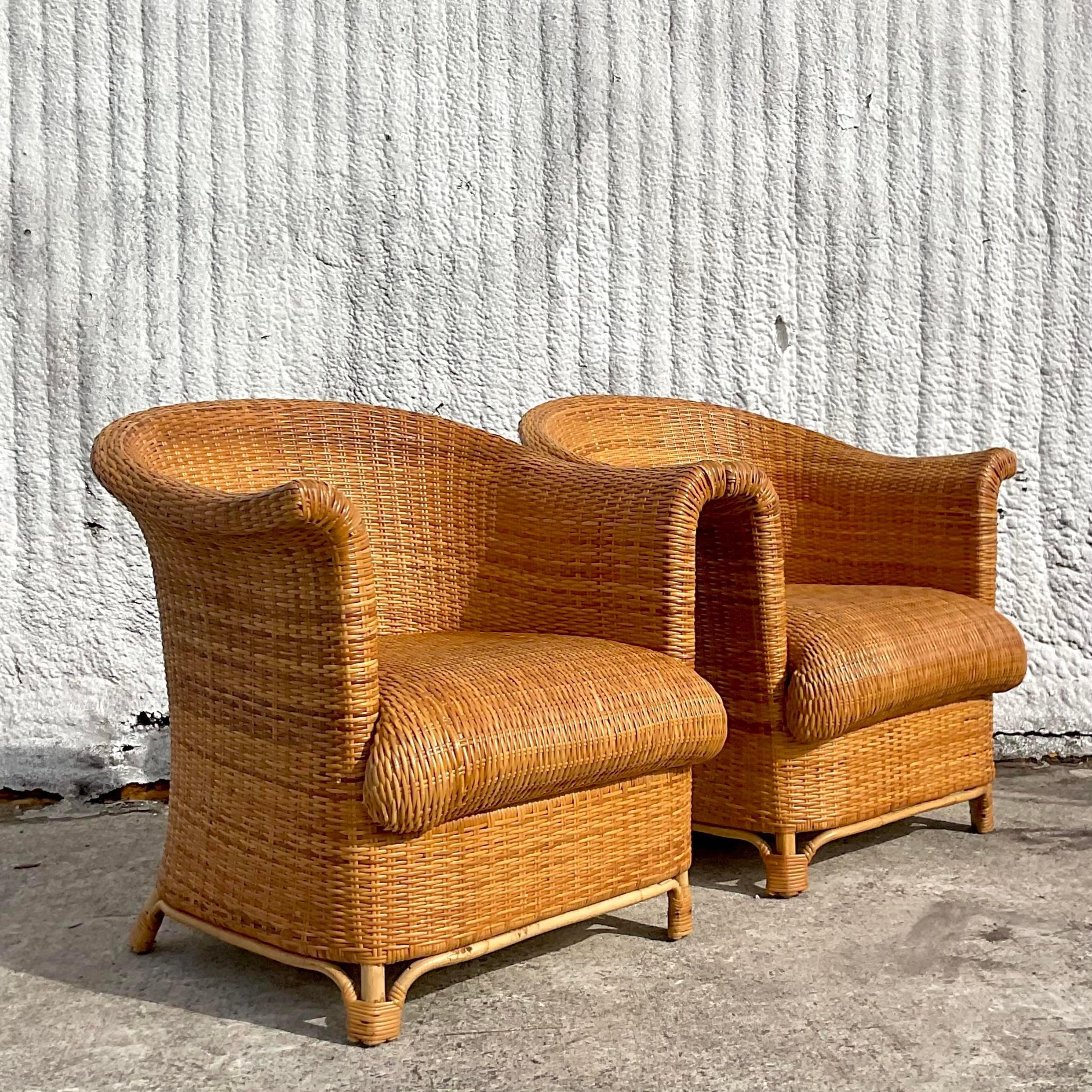 Vintage Coastal Italian Woven Rattan Club Chairs - Set of 2 For Sale 2