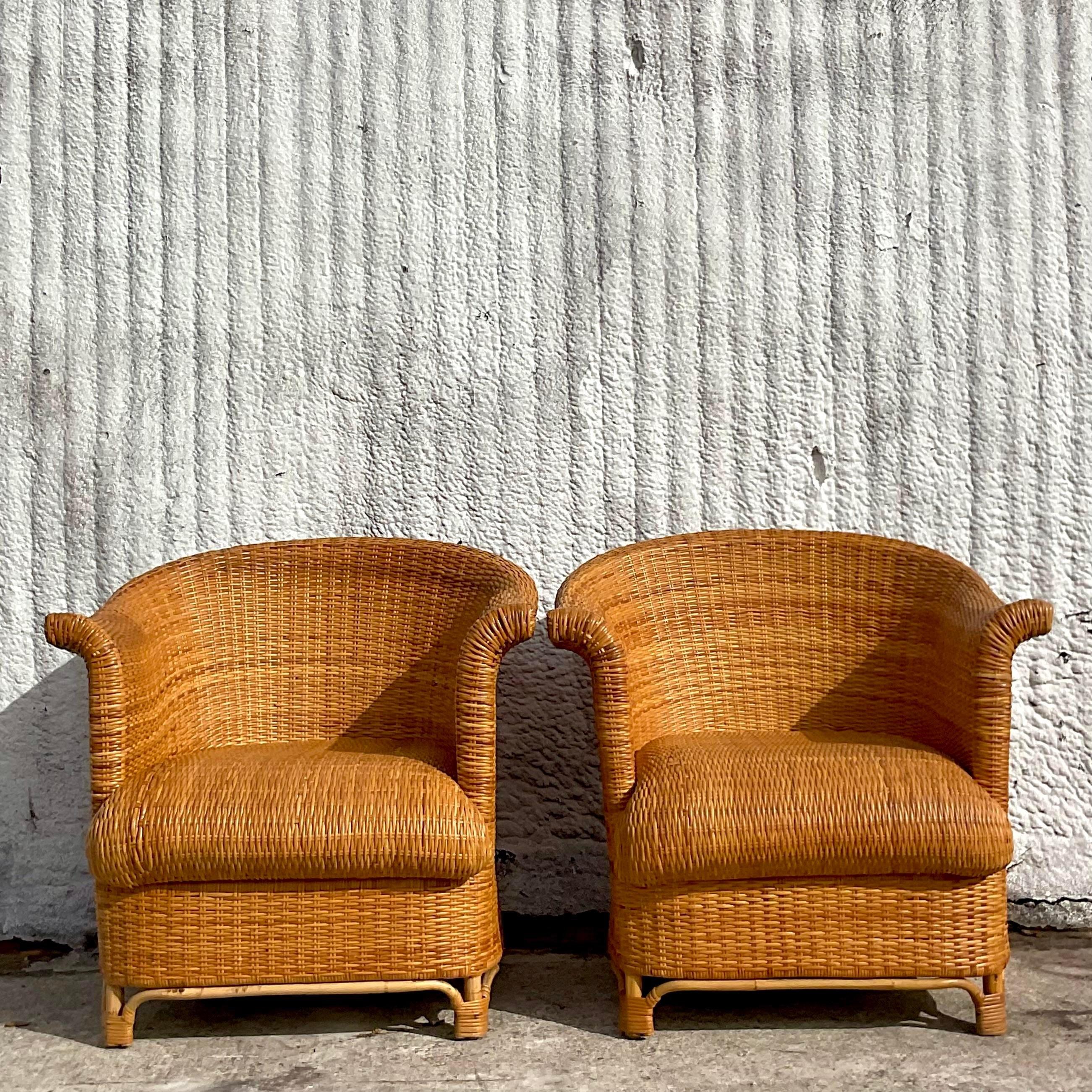 Vintage Coastal Italian Woven Rattan Club Chairs - Set of 2 For Sale 3