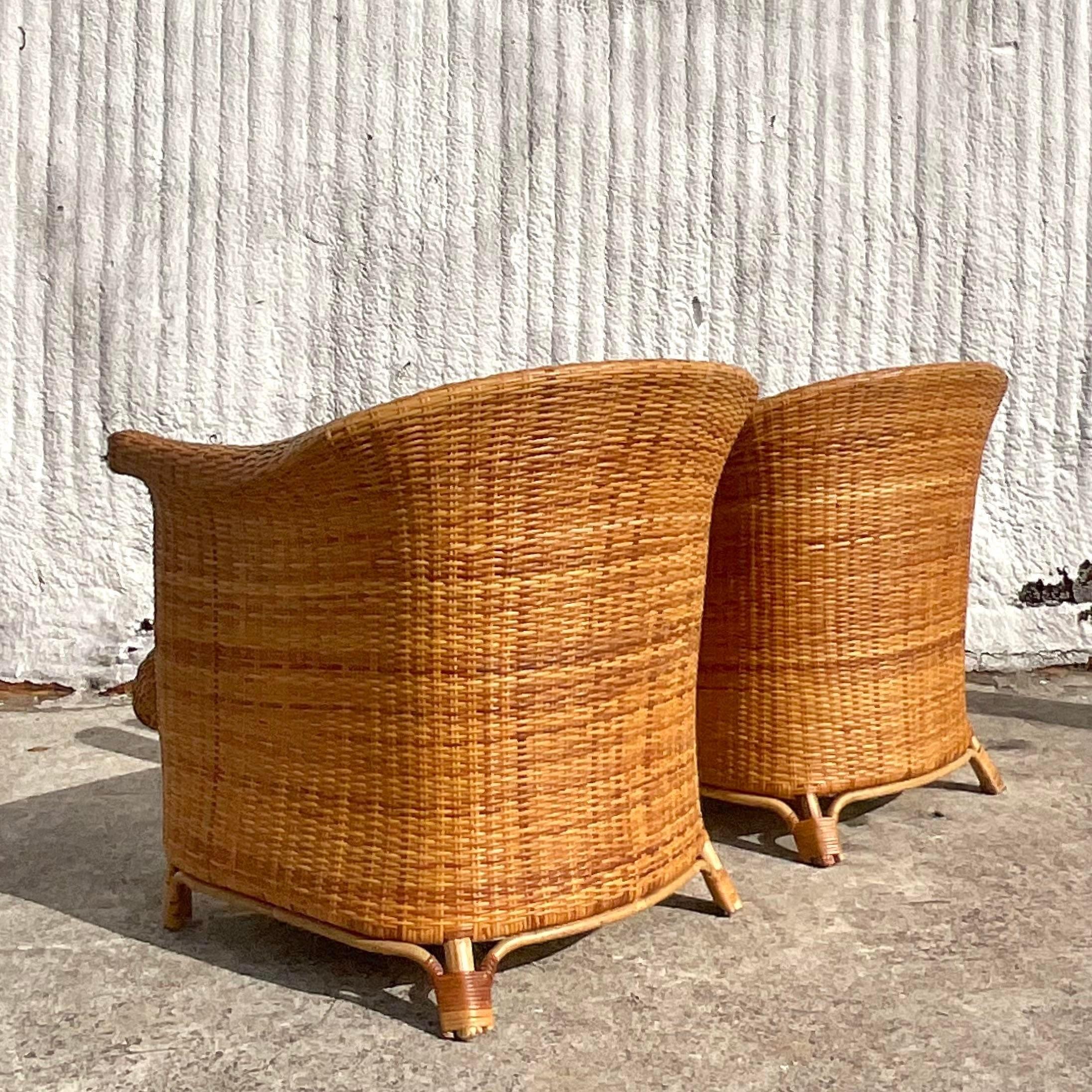 Vintage Coastal Italian Woven Rattan Club Chairs - Set of 2 For Sale 4