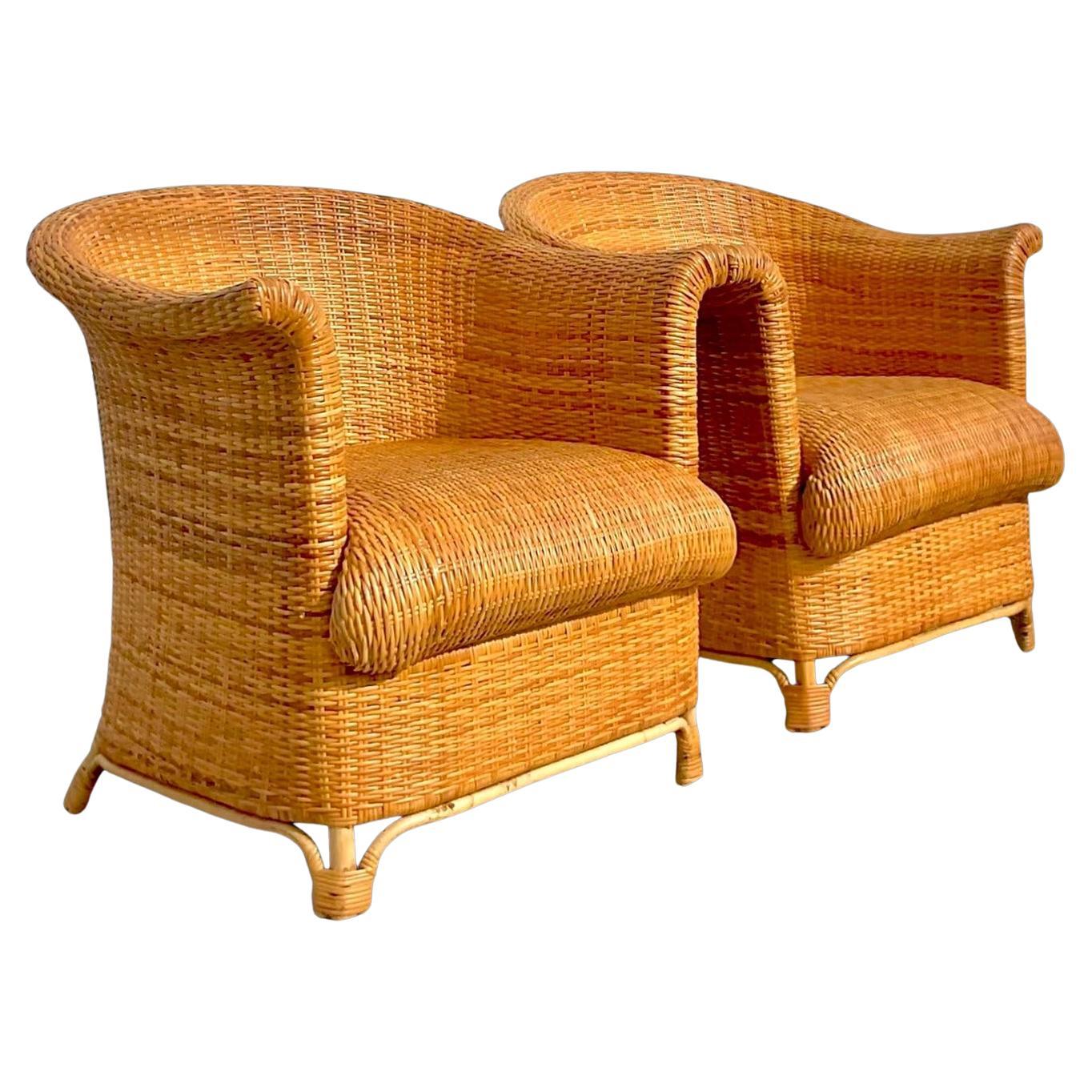 Vintage Coastal Italian Woven Rattan Club Chairs - Set of 2 For Sale