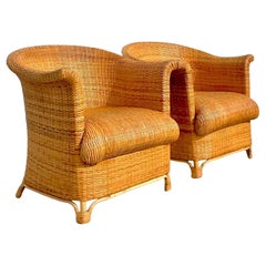 Vintage Coastal Italian Woven Rattan Club Chairs - Set of 2