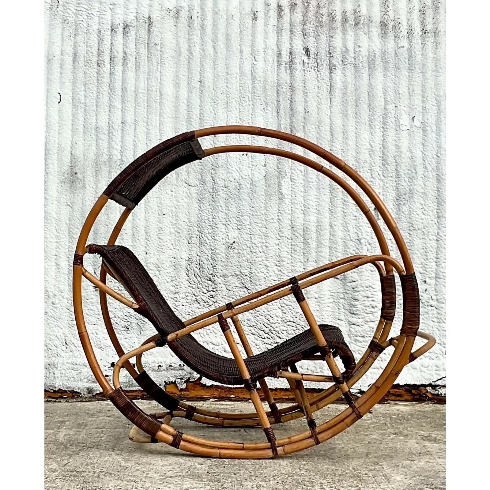 Vintage Coastal Italian Wrapped Rattan Franco Bettonica “Donaldo” Rocking Chair In Good Condition In west palm beach, FL