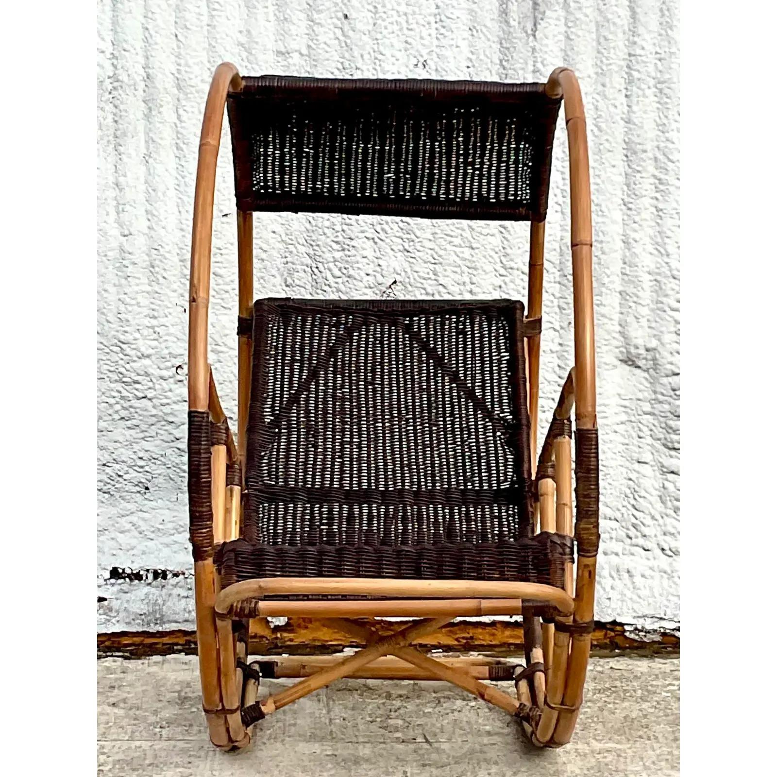 Bamboo Vintage Coastal Italian Wrapped Rattan Franco Bettonica “Donaldo” Rocking Chair