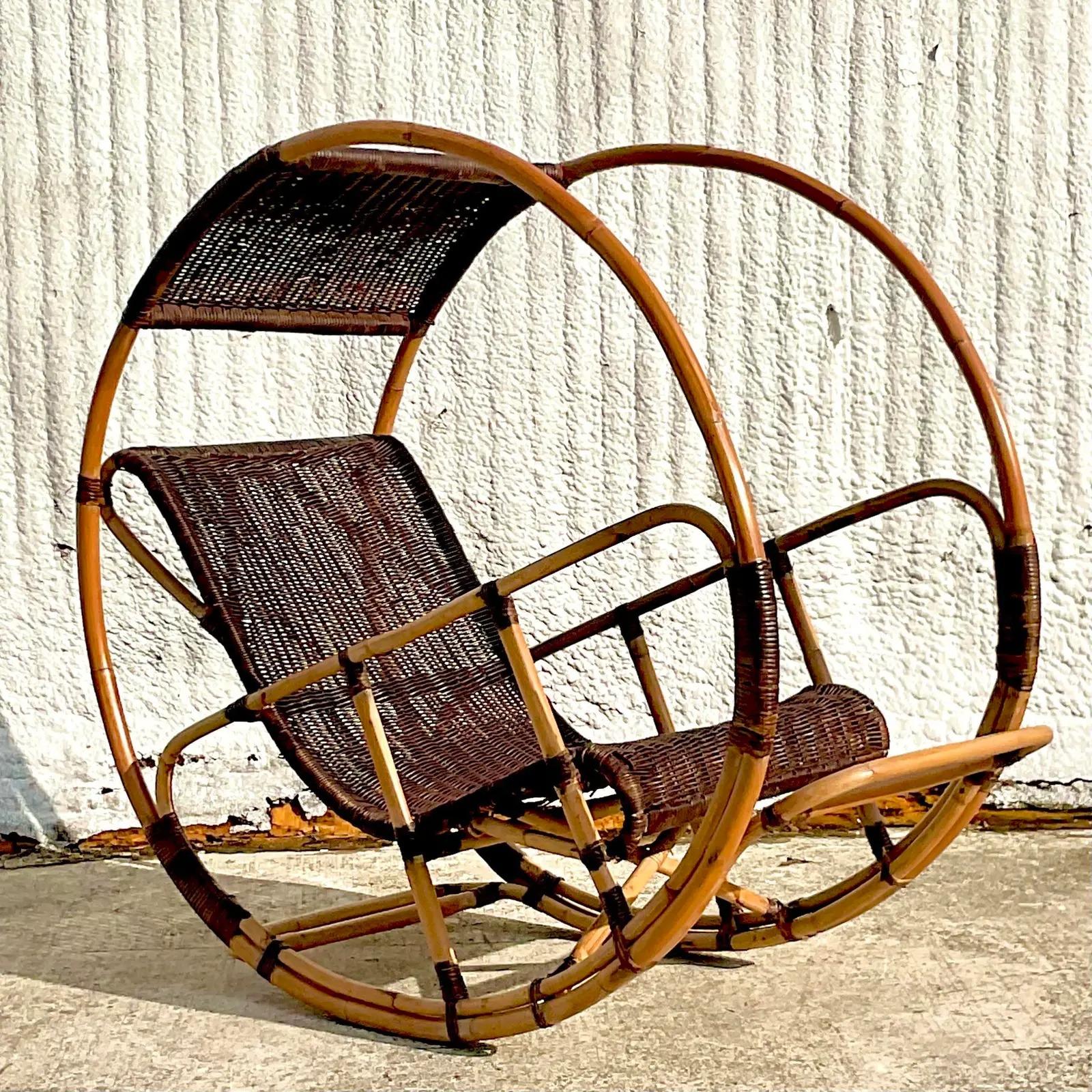Vintage Coastal Italian Wrapped Rattan Franco Bettonica “Donaldo” Rocking Chair 1