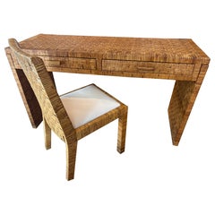 Vintage Coastal Italian Wrapped Woven Rattan Cane Wicker Desk Drawers & Chair