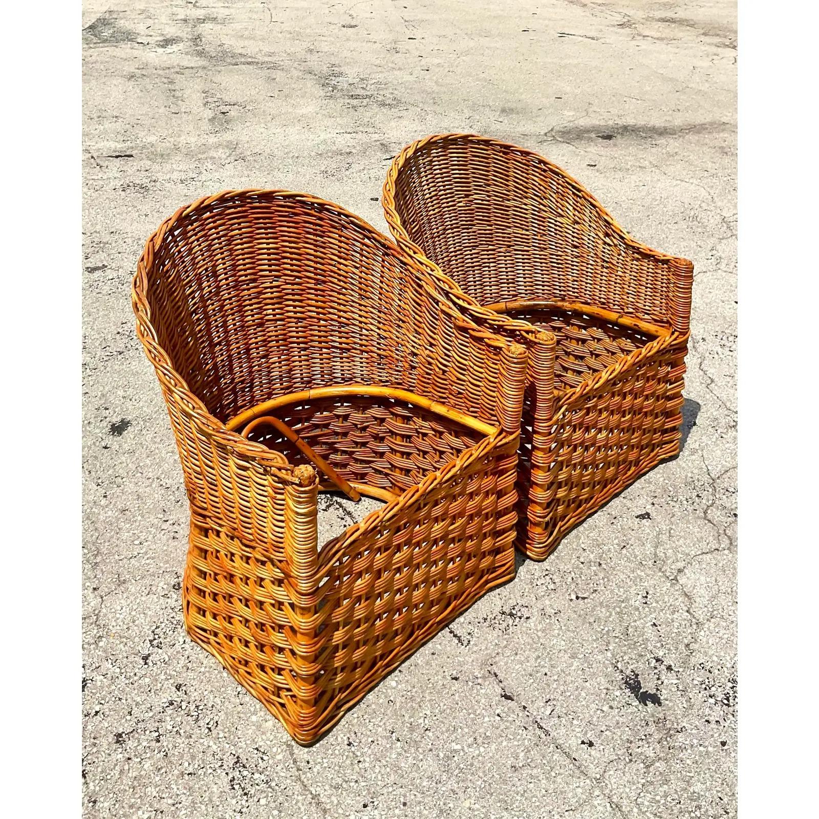 Vintage Coastal Italians Wicker Works Tub Chairs, a Pair In Good Condition For Sale In west palm beach, FL