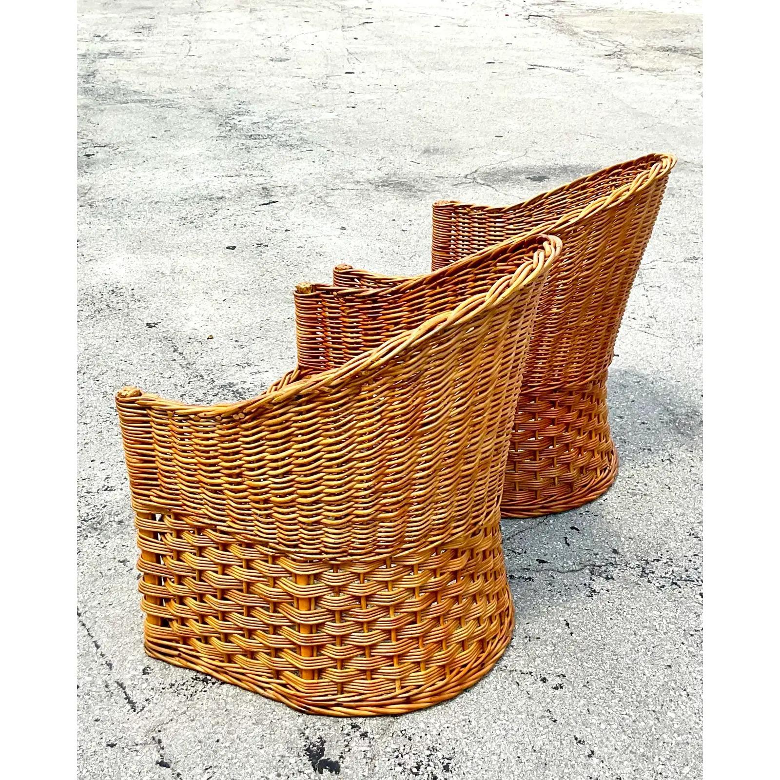 Late 20th Century Vintage Coastal Italians Wicker Works Tub Chairs, a Pair For Sale