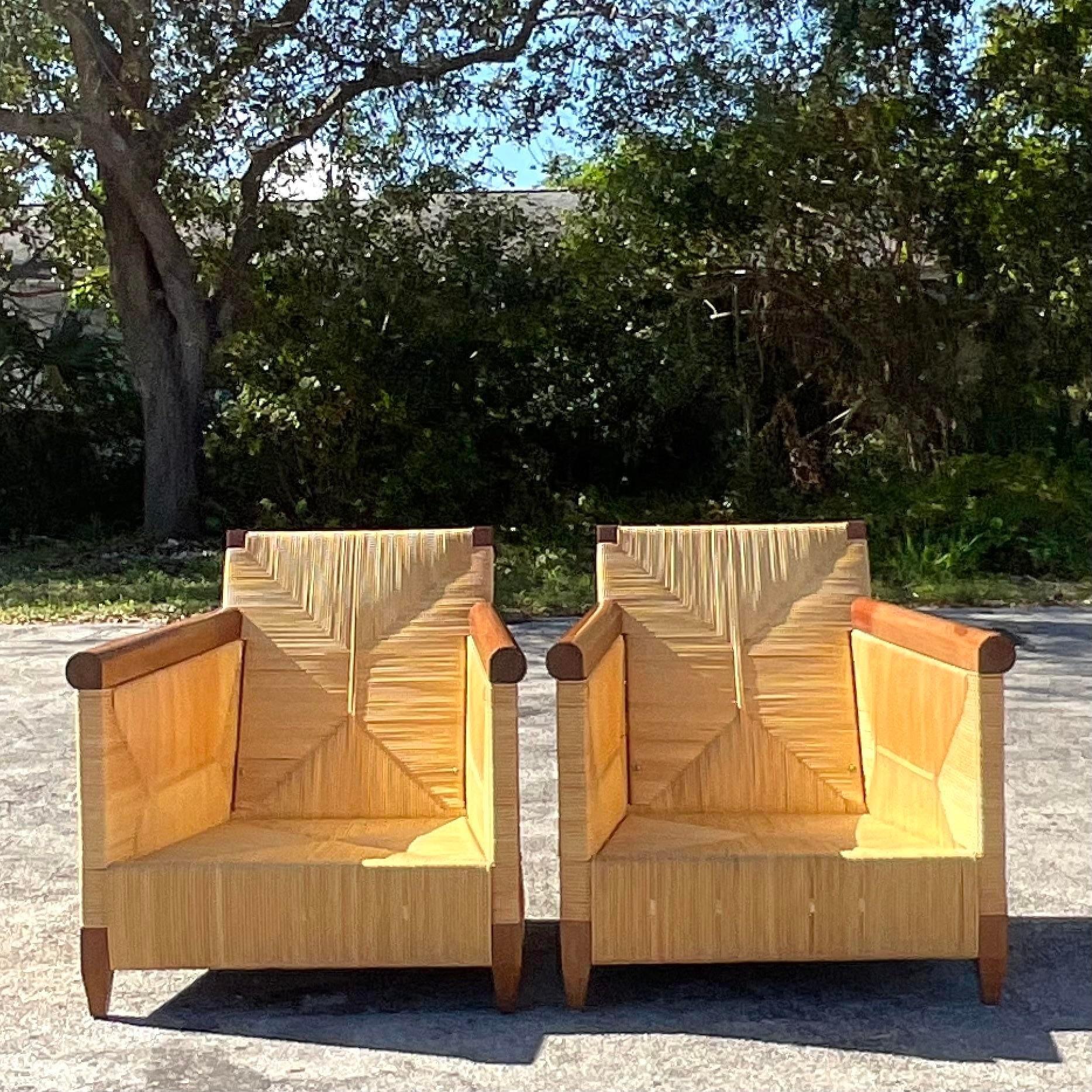 20th Century Vintage Coastal John Hutton for Donghia “Merbau” Rattan Lounge Chairs - a Pair