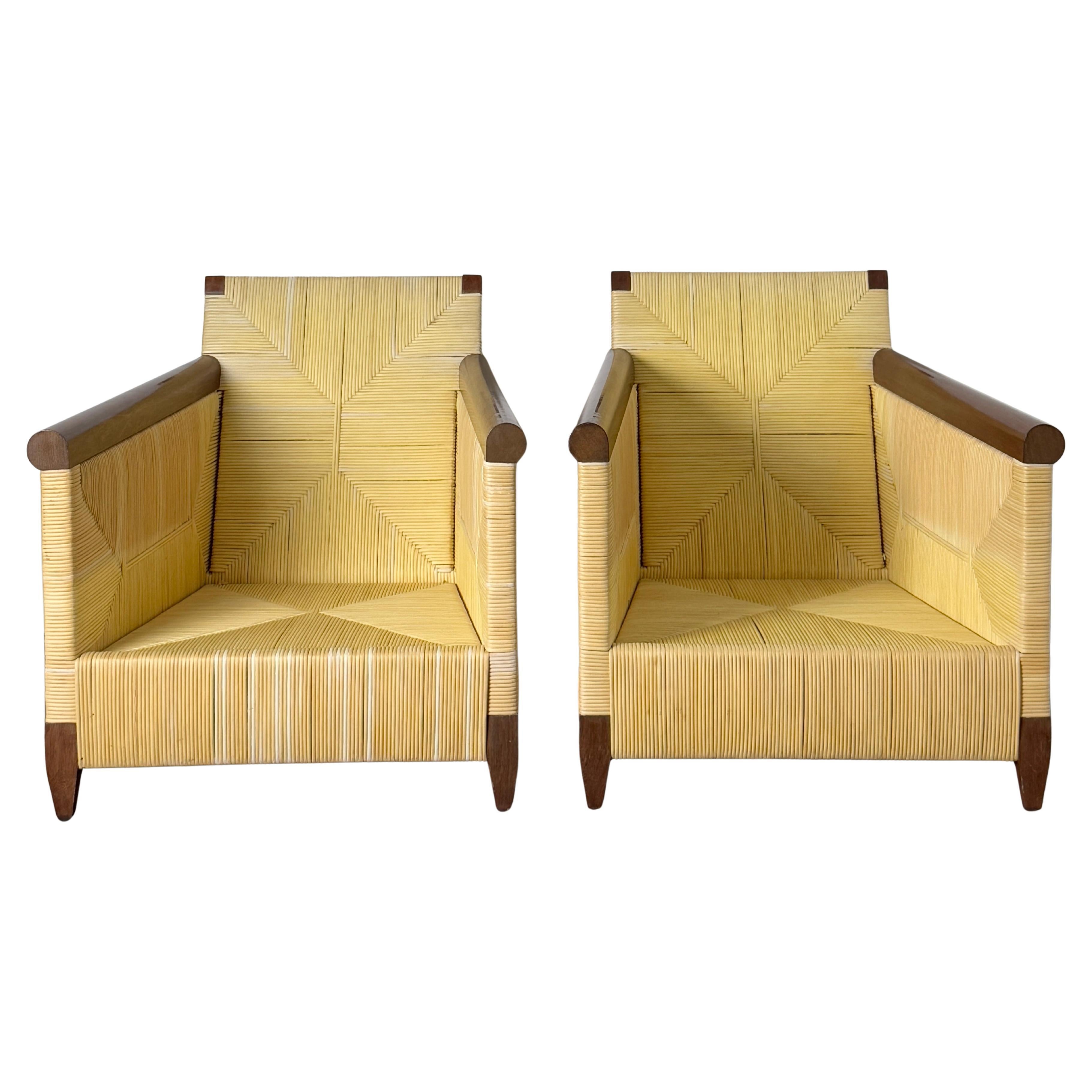 Vintage Coastal John Hutton for Donghia Merbau Woven Rattan Wicker Lounge Chairs
