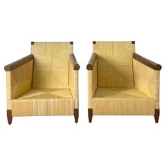 Vintage Coastal John Hutton for Donghia Merbau Woven Rattan Wicker Lounge Chairs