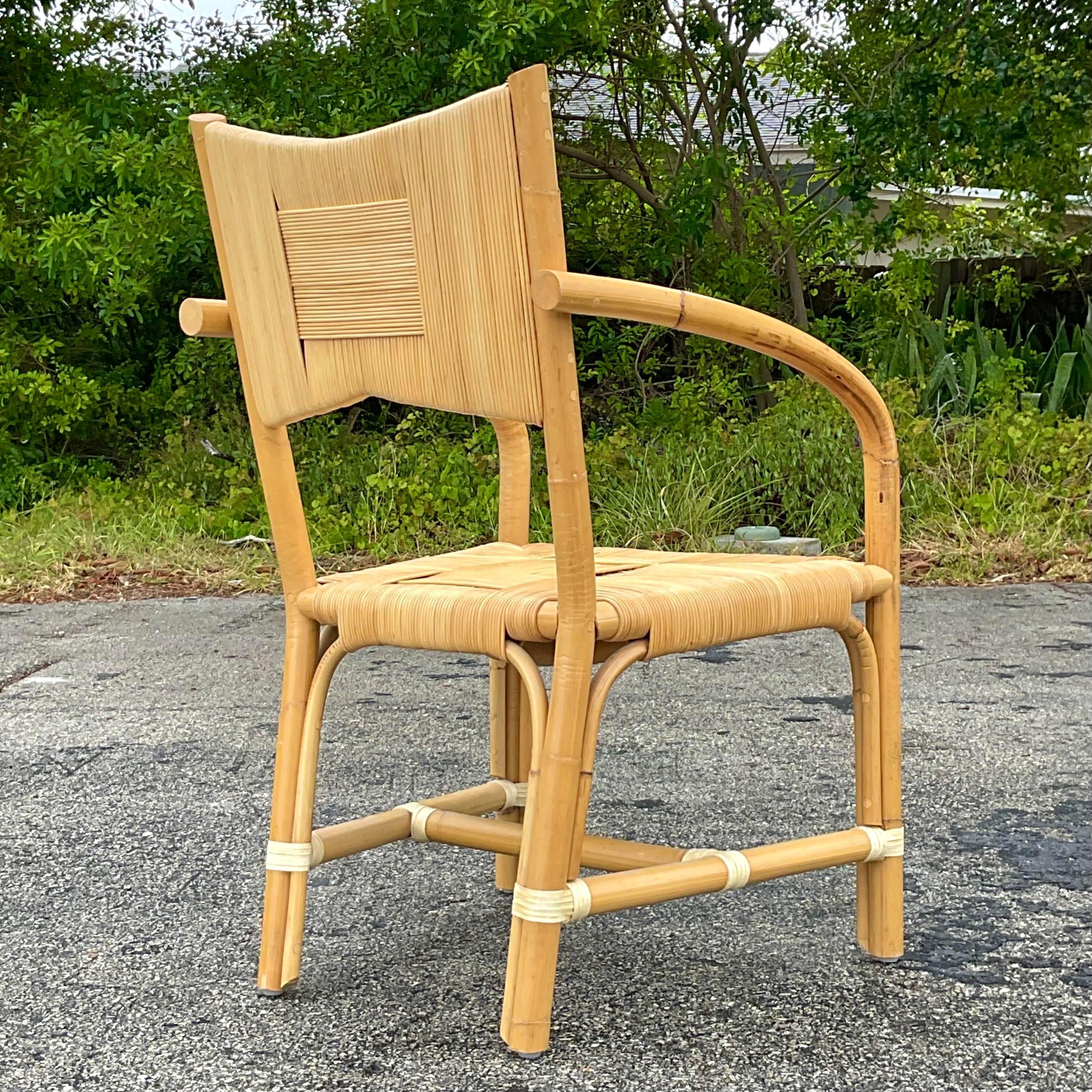 Vintage Coastal John Hutton for Donghia Woven Rattan Arm Chair For Sale 4