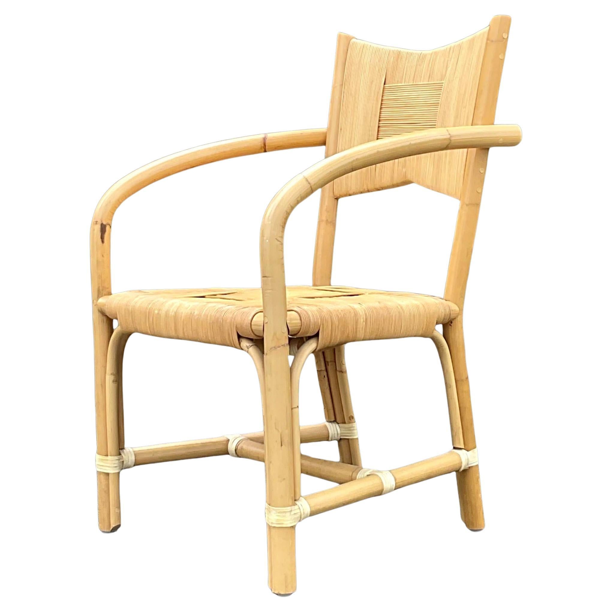 Vintage Coastal John Hutton for Donghia Woven Rattan Arm Chair For Sale