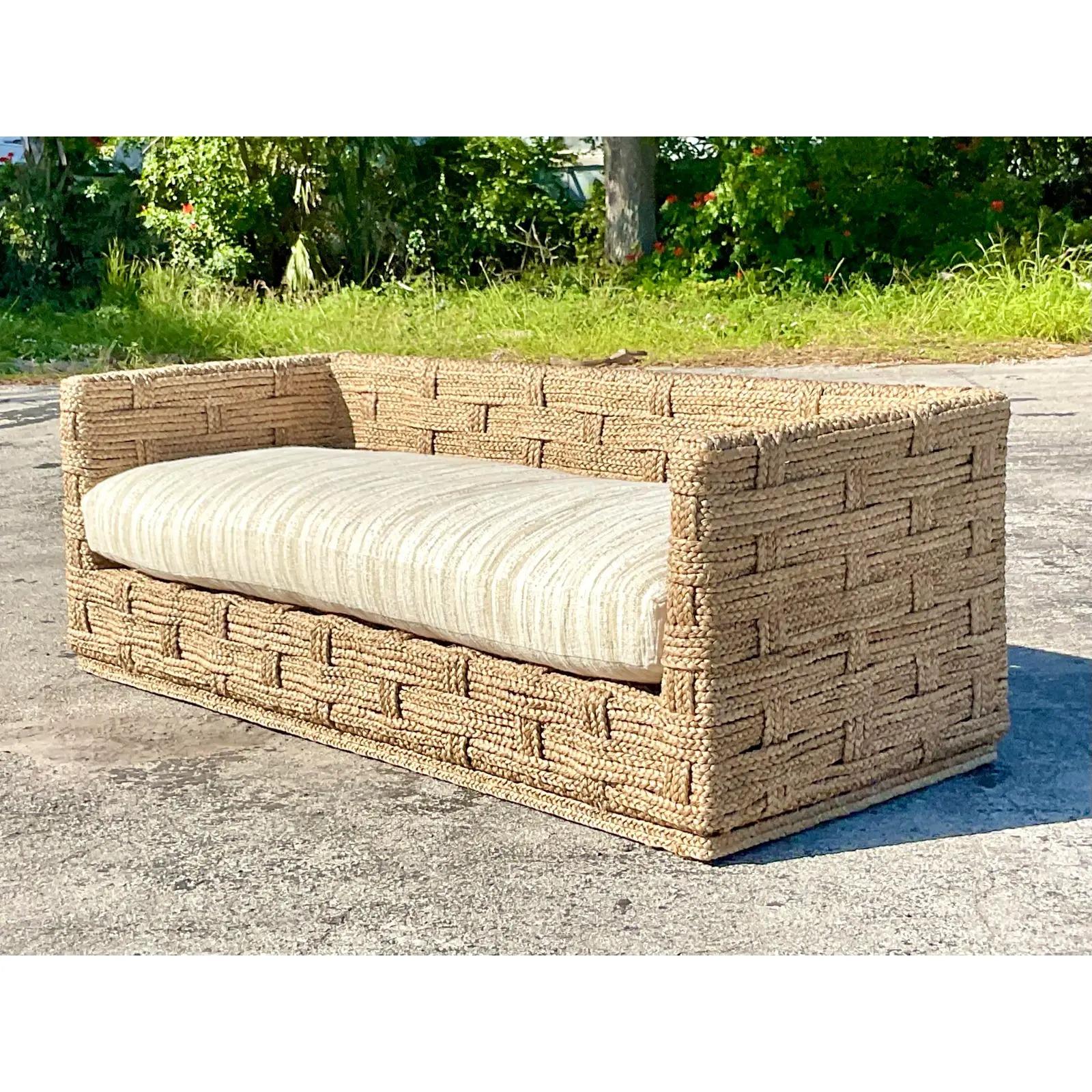 Vintage Coastal John Roselli Woven Rattan Sofa 4