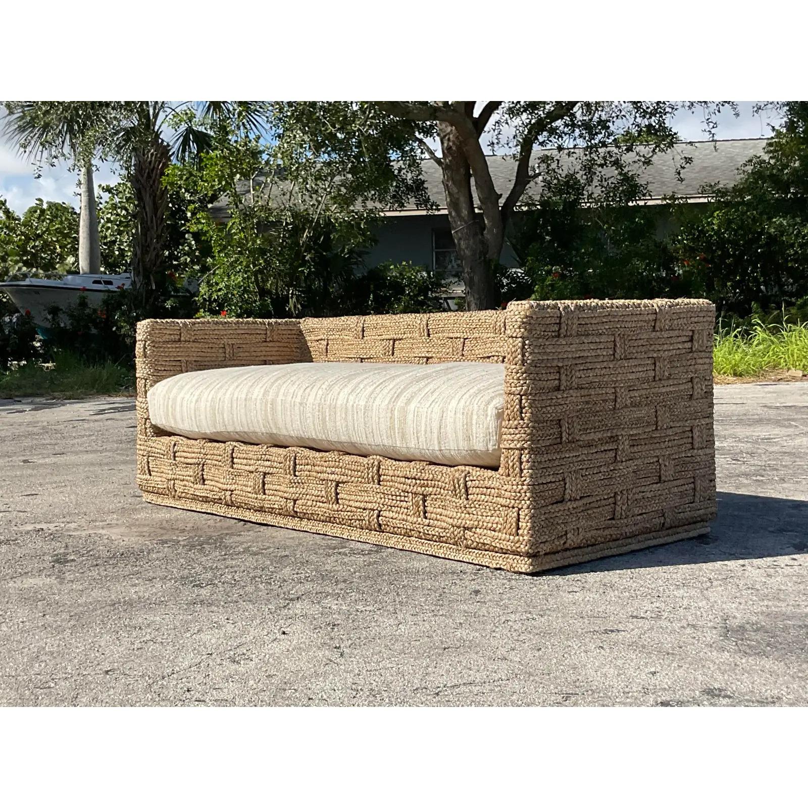 Vintage Coastal John Roselli Woven Rattan Sofa In Good Condition In west palm beach, FL