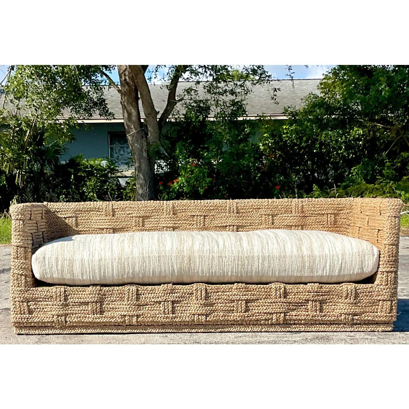 Vintage Coastal John Roselli Woven Rattan Sofa 3